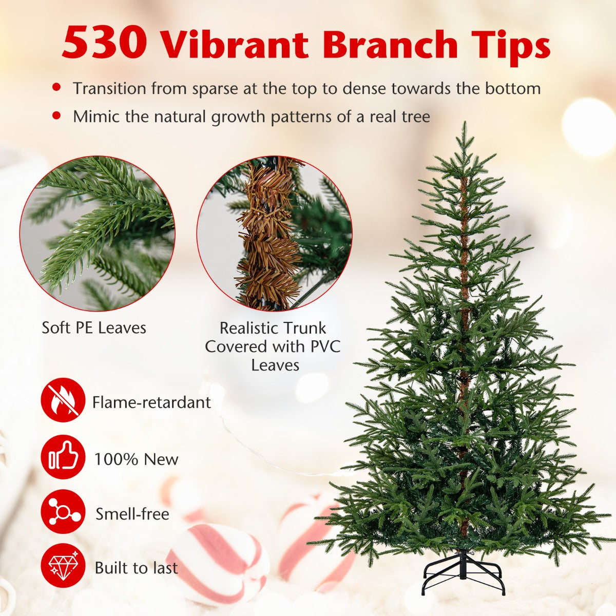 LIVSK Kunstkerstboom 180 cm - 530 Takpunten - 250 LED-lampen - Vlamvertragend - Eenvoudige Montage - Groen
