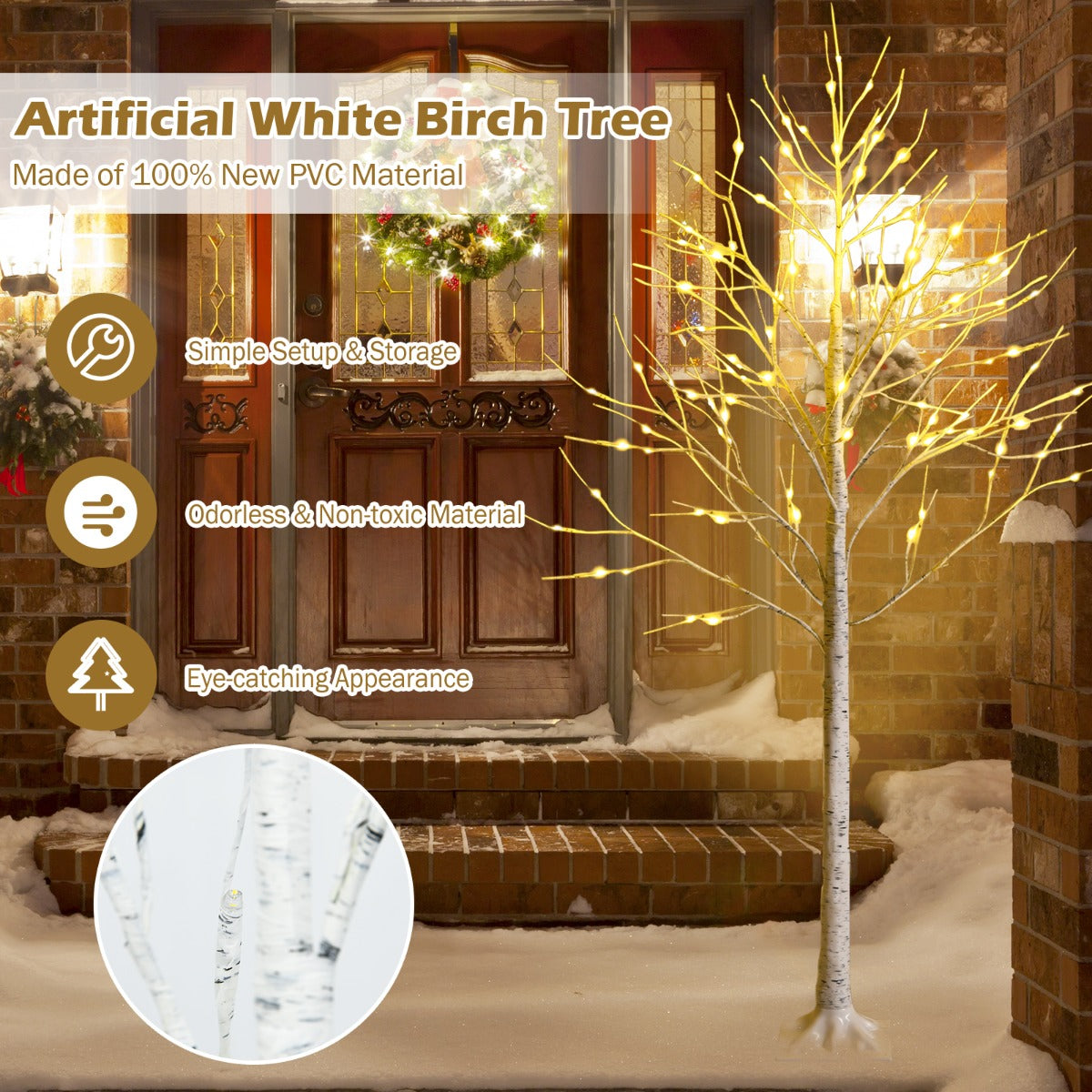 LIVSK Kunstmatige Berkenboom - 96 Warmwitte LED's - Flexibele Takken - Duurzaam PVC - 180 cm - Wit