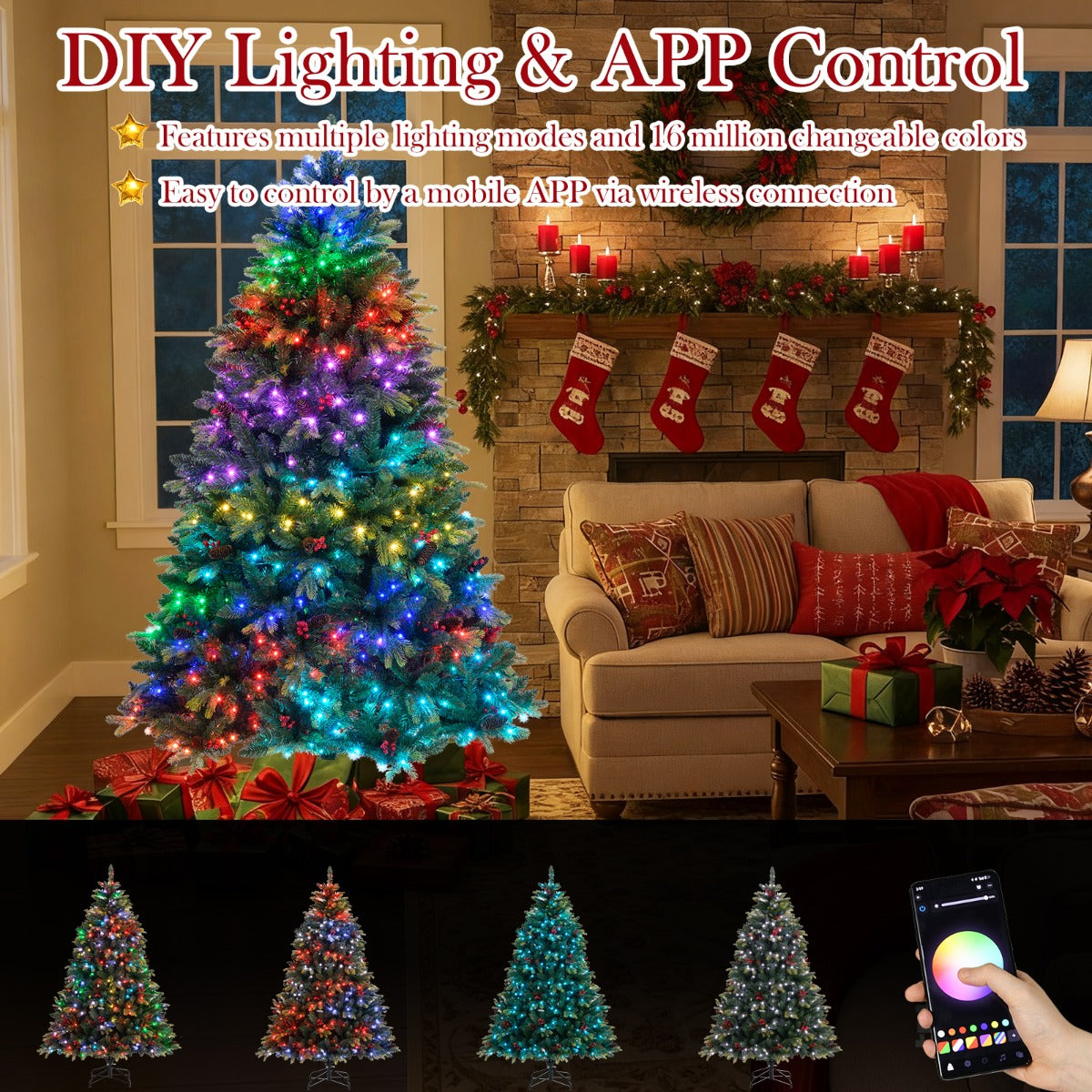 LIVSK Voorverlichte Kunstkerstboom - APP-bediening - 370 RGB-lampjes - 1054 Takuiteinden - 3 Secties - 118 x 180 cm - Groen