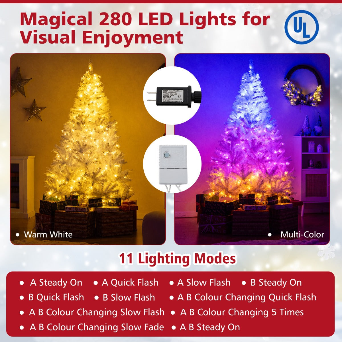 LIVSK Kunstmatige Kerstboom 180 cm - 280 LED-lampjes - 11 Lichtstanden - 1000 Takpunten - Brandveilig en Hypoallergeen - Wit