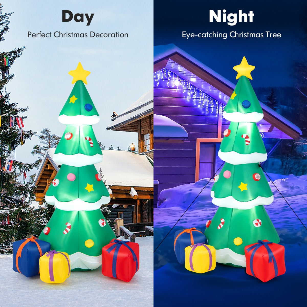 LIVSK Opblaasbare Kerstboom - Zelfopblazend - LED Verlichting - 3 Cadeauverpakkingen - Duurzaam en Waterdicht - 75 x 70 x 180 cm