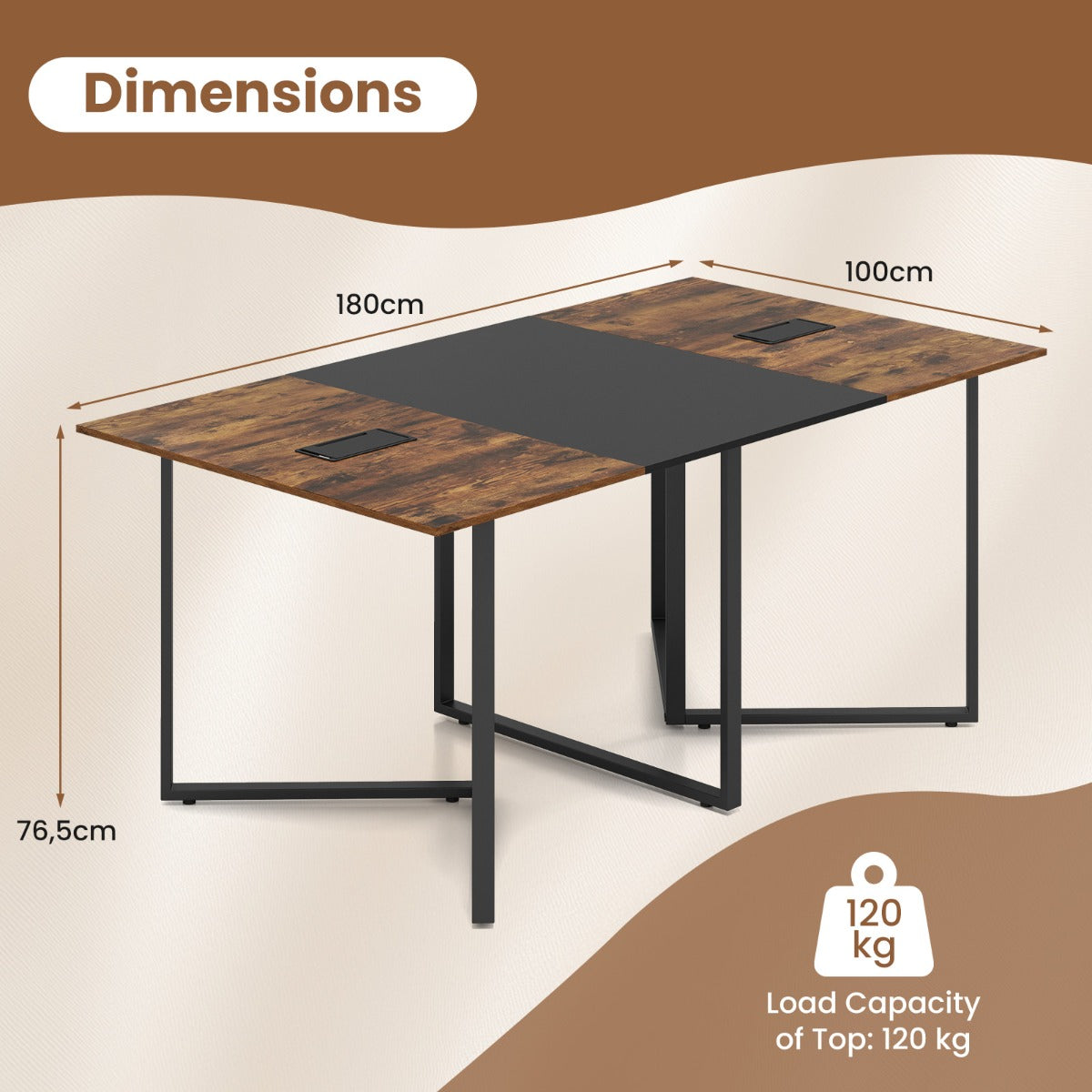 Livsk costway 180 cm vergadertafel grote vergadertafel hout voor 6 8 personen rechthoekige vergadertafel rustiek bruin zwart 1 1