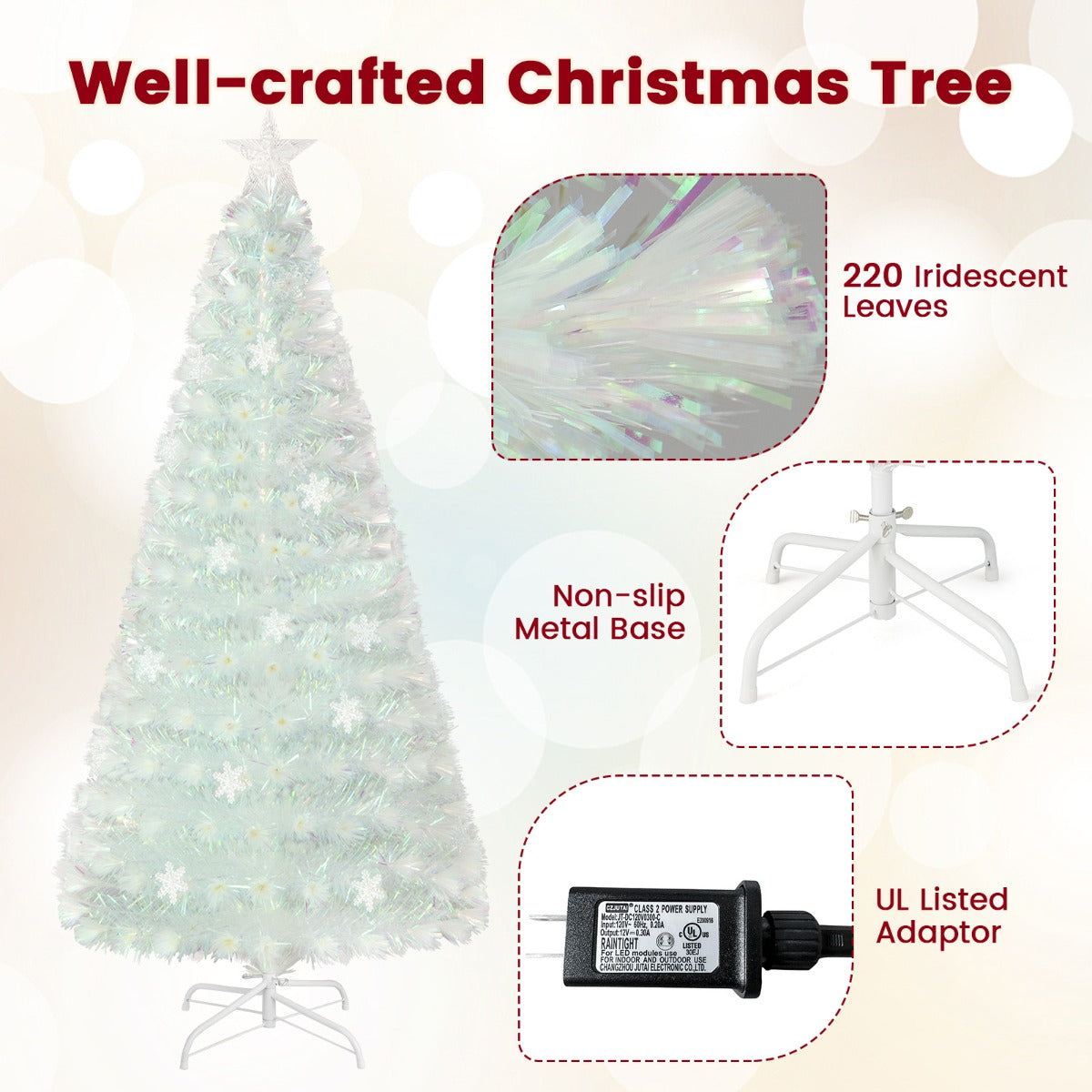 LIVSK Witte Glasvezel Kerstboom - 220 Takpunten - Veelkleurige LED Verlichting - Sterrenlicht - 180 cm - Wit