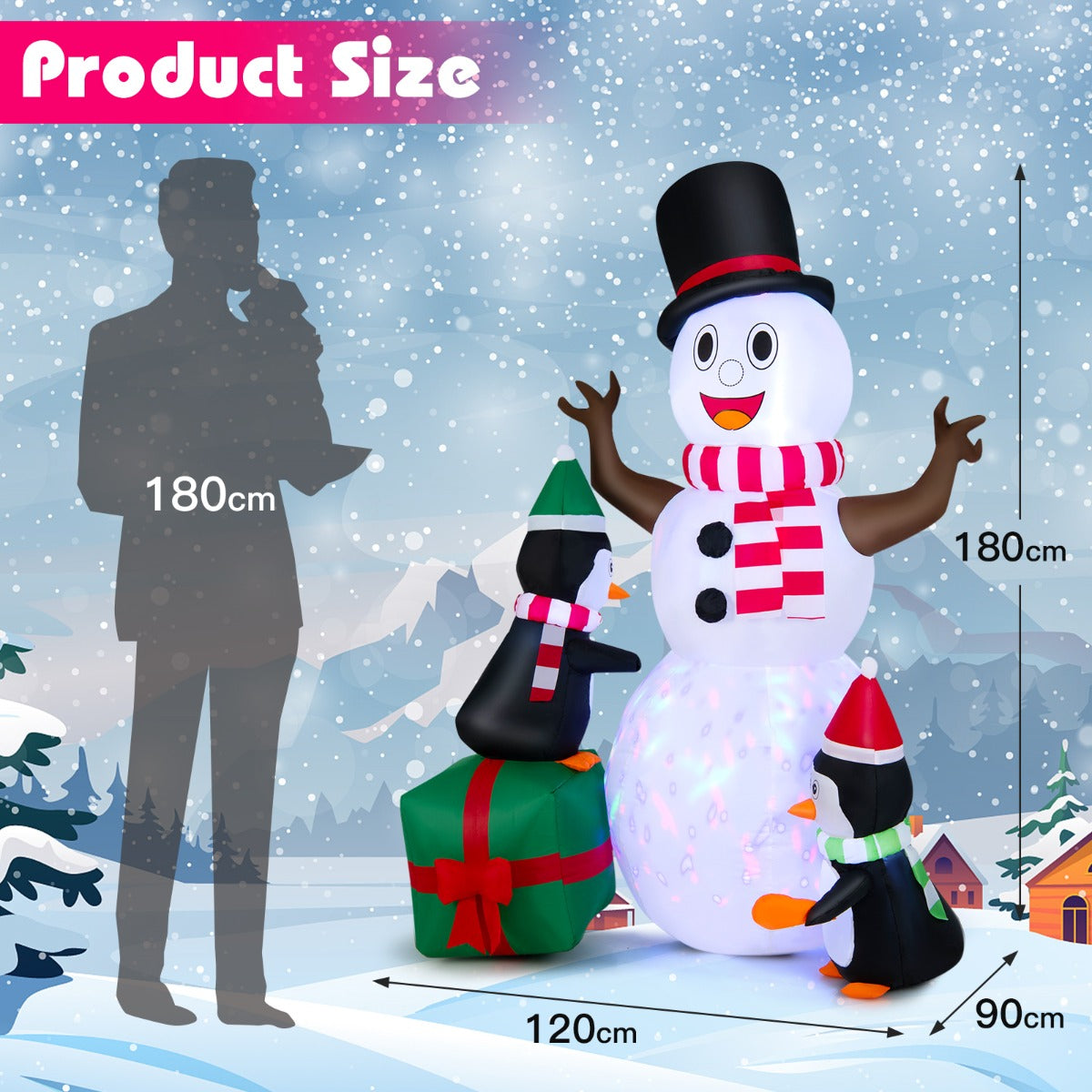 LIVSK Opblaasbare Kerstdecoratie - Sneeuwpop met Pinguïns - 3 LED-lampjes - Waterdicht - 120 x 90 x 180 cm - Wit