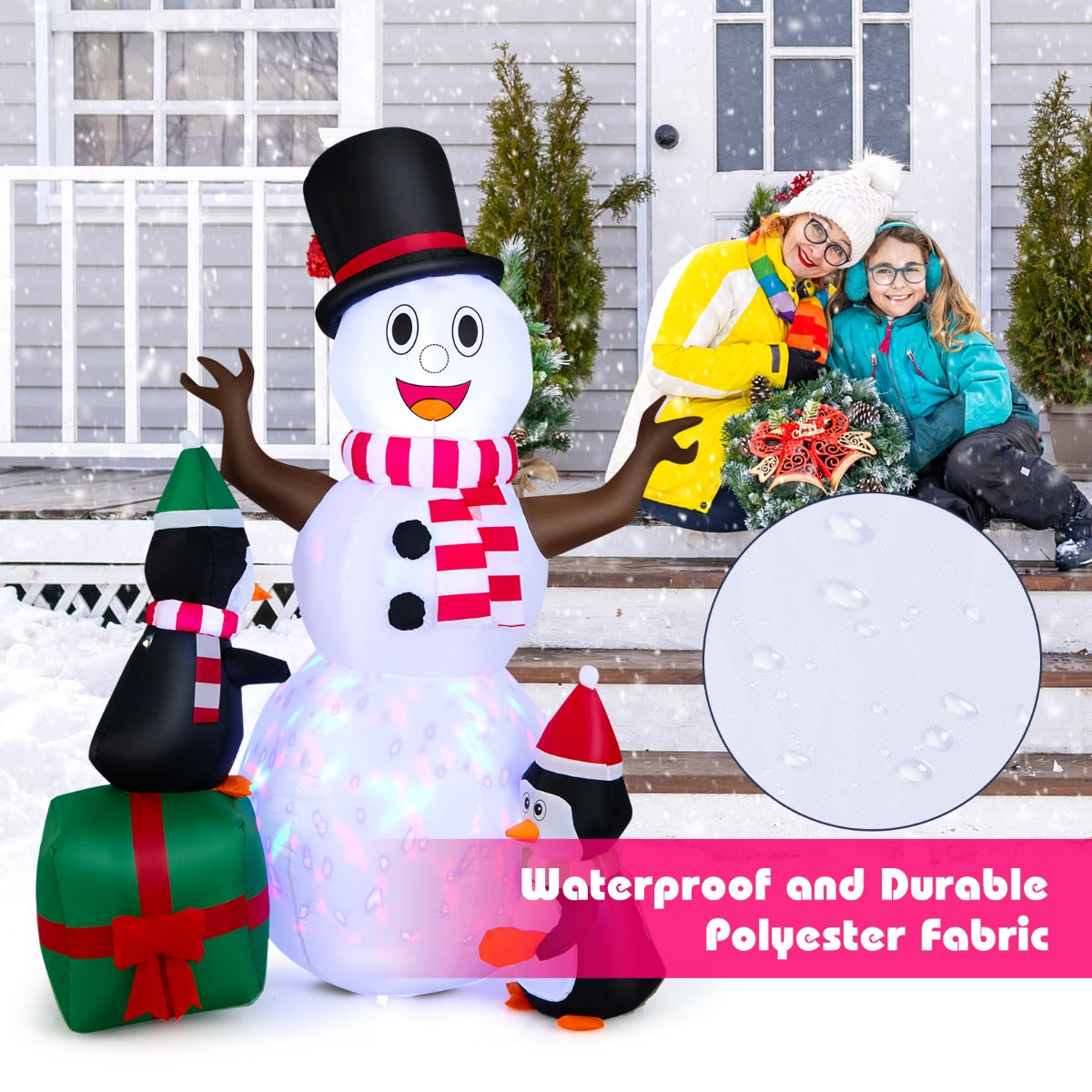 LIVSK Opblaasbare Kerstdecoratie - Sneeuwpop met Pinguïns - 3 LED-lampjes - Waterdicht - 120 x 90 x 180 cm - Wit
