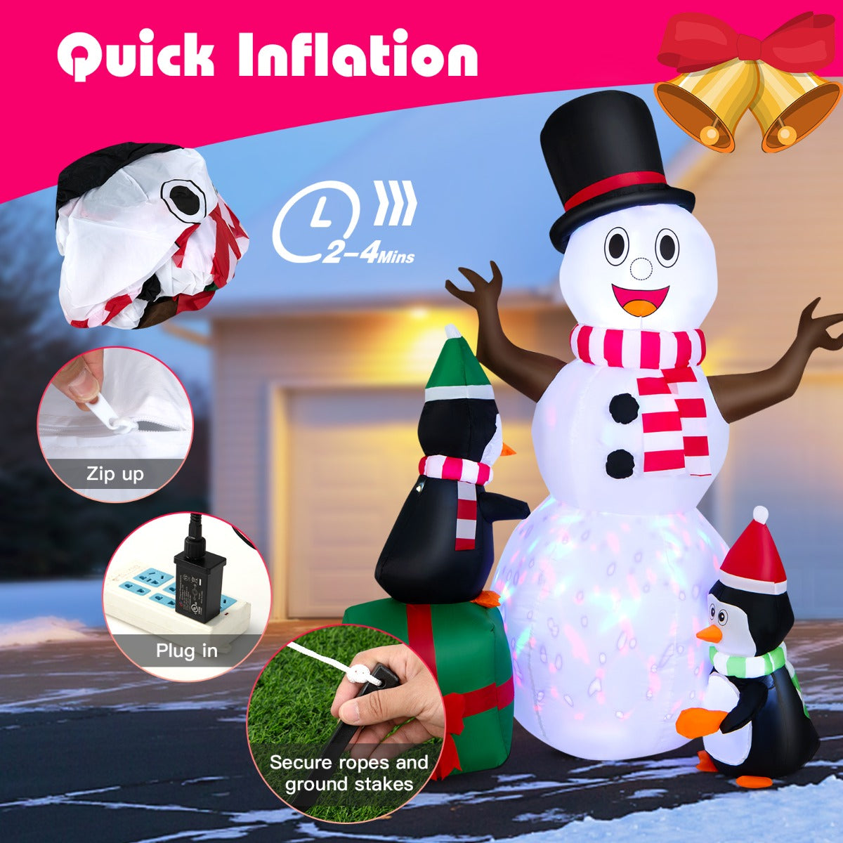 LIVSK Opblaasbare Kerstdecoratie - Sneeuwpop met Pinguïns - 3 LED-lampjes - Waterdicht - 120 x 90 x 180 cm - Wit
