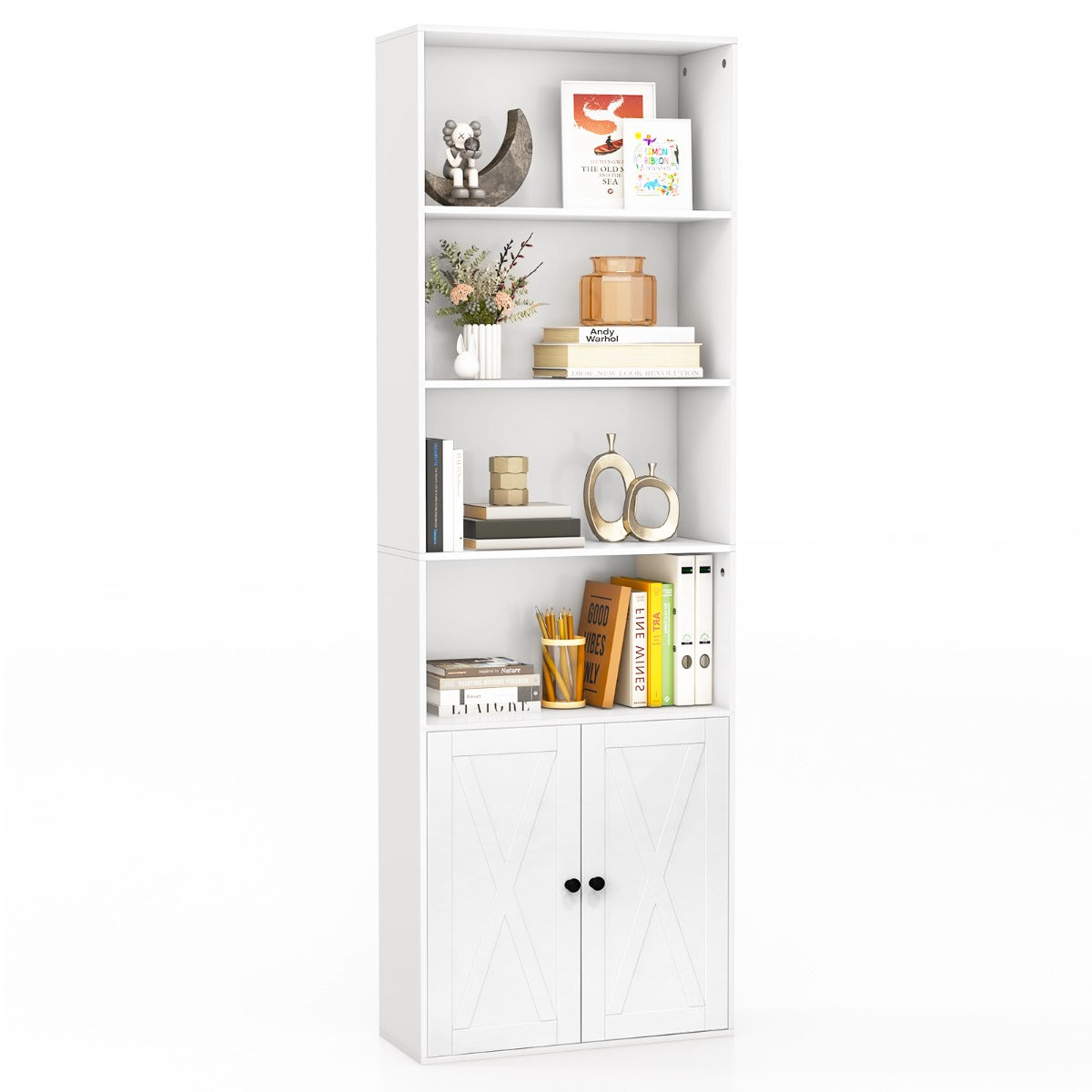 LIVSK Multifunctionele Boekenkast - 4 Open Planken - 2-Deurs Kast - Verstelbare Plank - Tot 15 kg per Niveau - Wit