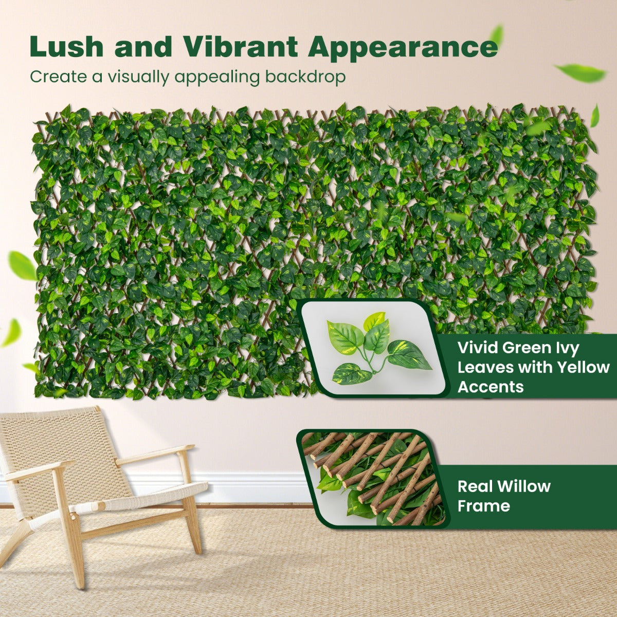 Livsk costway 180 x 90 cm kunstklimop voor de tuin inkijkbescherming plantenwand heggen klimop omheining voor tuinheggen balkon buitendecoratie 4