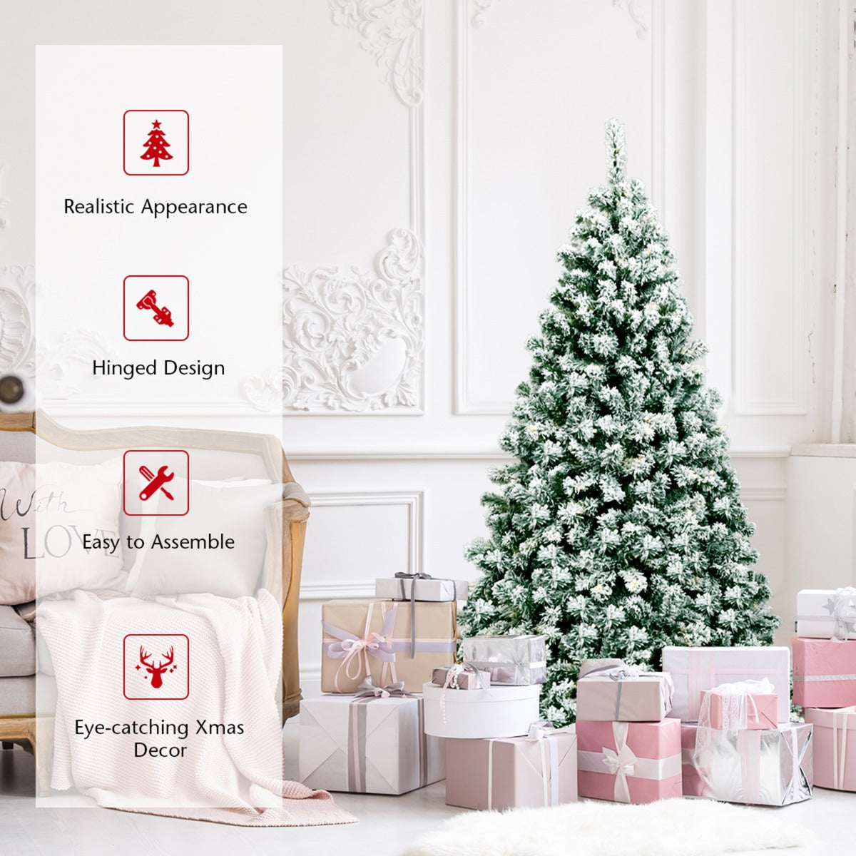 LIVSK Besneeuwde Kunstkerstboom 180 cm - 928 Takken - 250 Warme LED-lampjes - Stevige Standaard - Groen + Wit