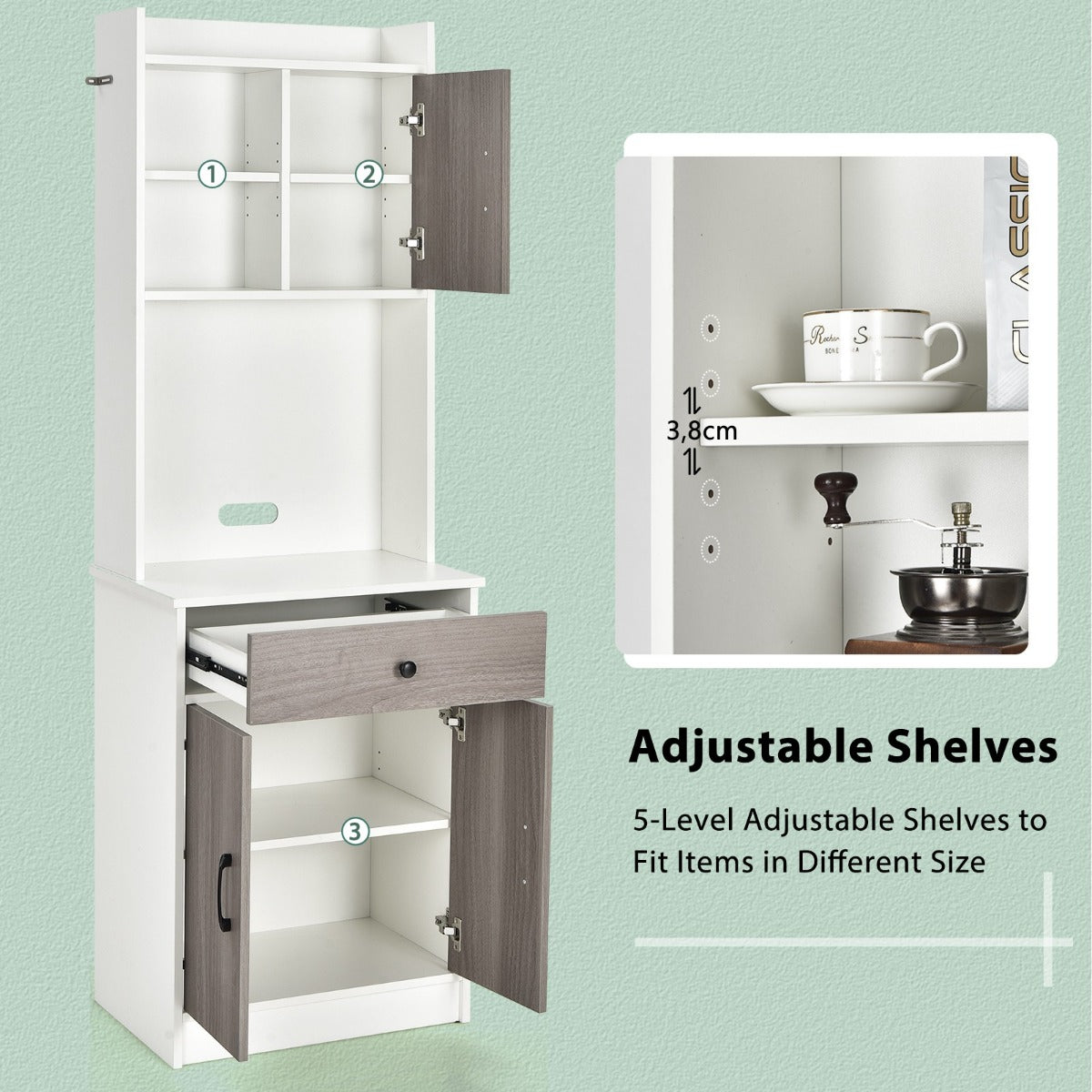 LIVSK Verstelbare Keukenkast - Magnetron Opslag - Kabelmanagement - Drie Deuren - Hoogwaardig Hout - 60 x 40 x 180 cm - Wit