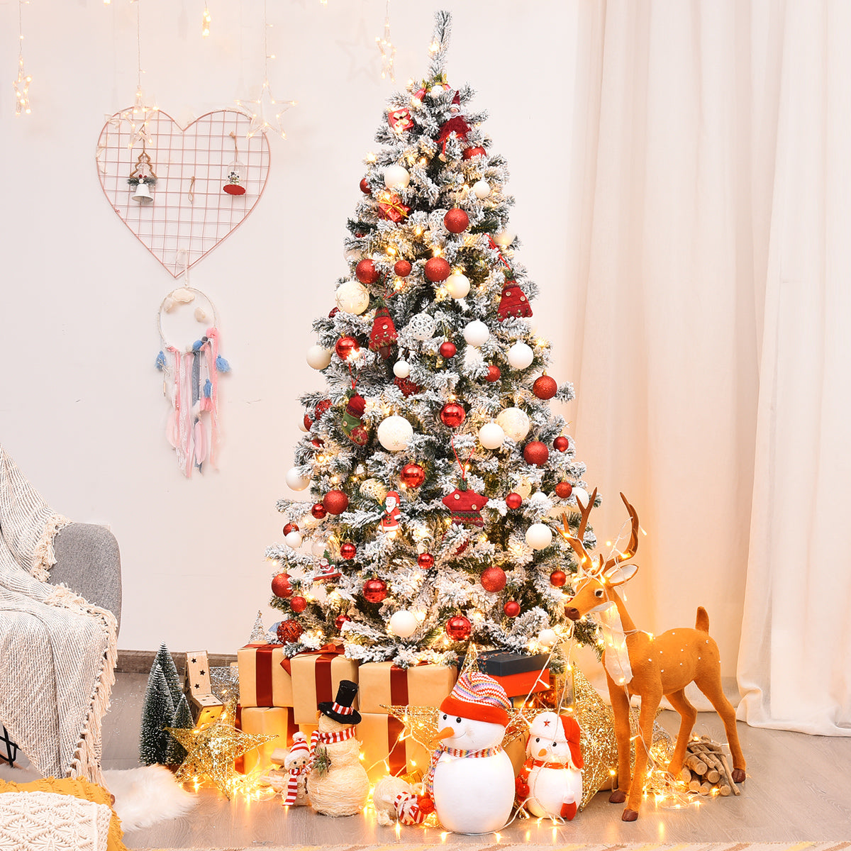 LIVSK Voorverlichte Kunstkerstboom 180 cm - 600 Takken - 250 LED-lampjes - Sneeuw gevlokt - Metalen Standaard - Groen