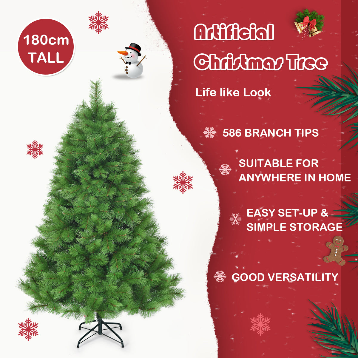 LIVSK Kunstkerstboom 180 cm - Realistische Dennennaalden - Scharnierend Ontwerp - Duurzaam PVC - Stabiele IJzeren Standaard -