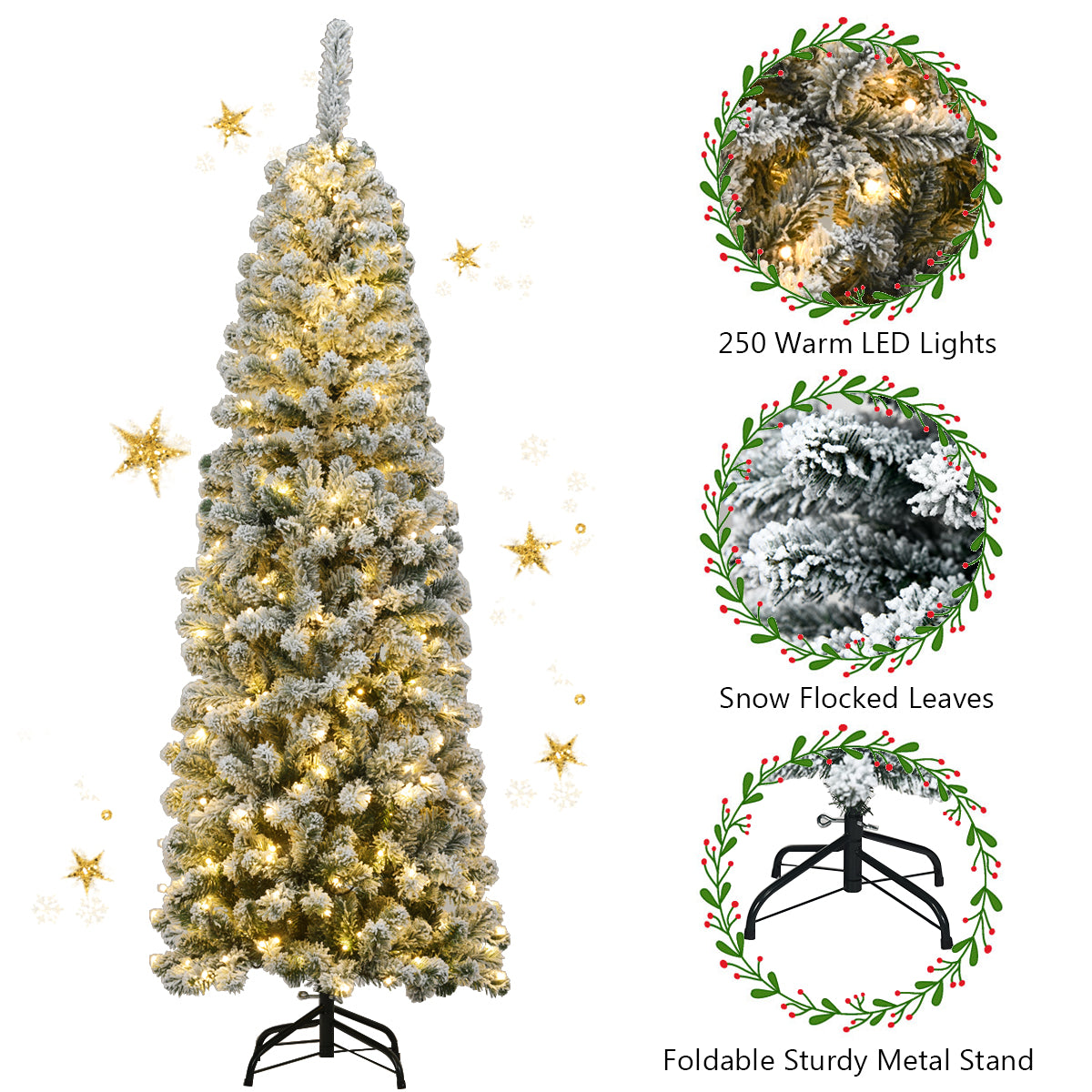 LIVSK Snowy Pencil Kerstboom - 500 Takken - 250 Warmwitte LED-lampjes - Hoogwaardige PVC - Stevige Metalen Standaard - 180 cm -