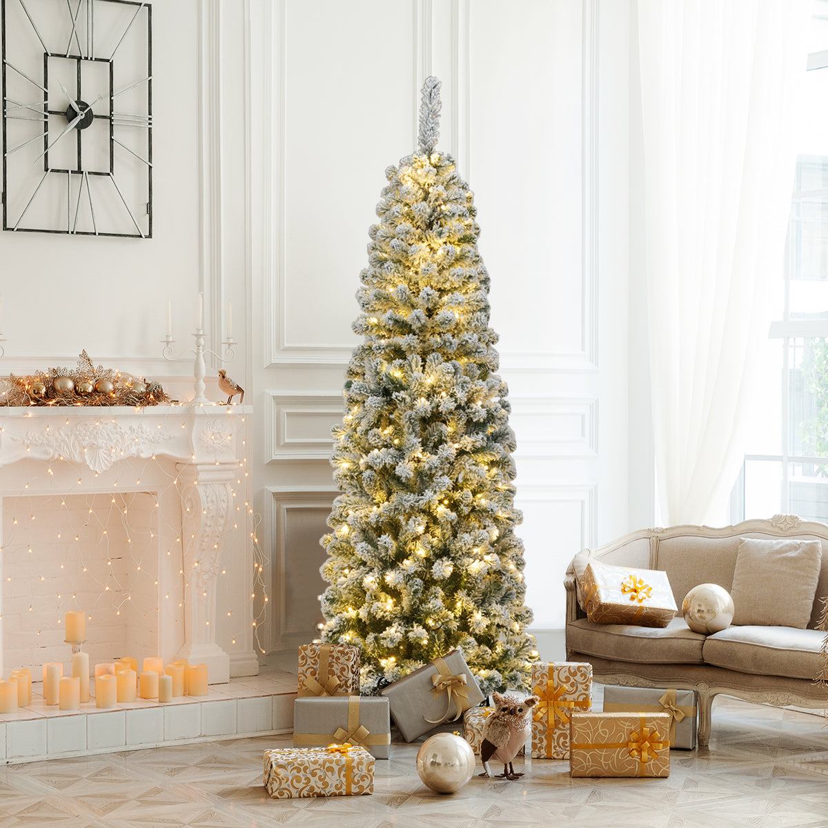 LIVSK Snowy Pencil Kerstboom - 500 Takken - 250 Warmwitte LED-lampjes - Hoogwaardige PVC - Stevige Metalen Standaard - 180 cm -