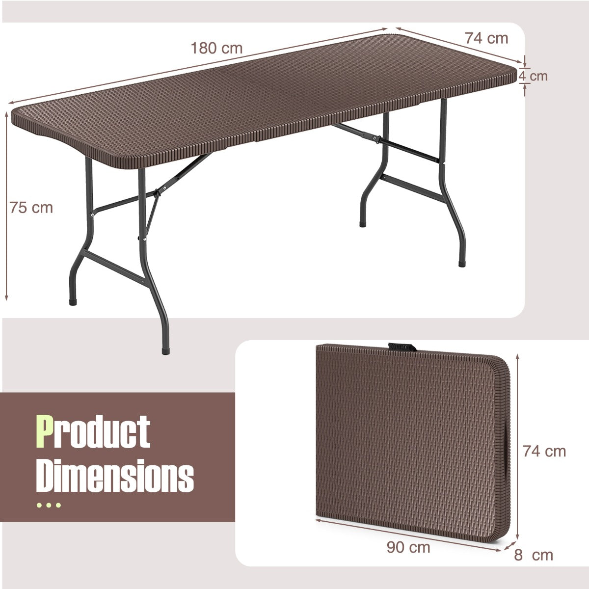 LIVSK Klaptafel 180 x 74 x 75 cm - HDPE Blad - Draagvermogen 160 kg - Veilig Vergrendelingsmechanisme - Rotantextuur - Koffie