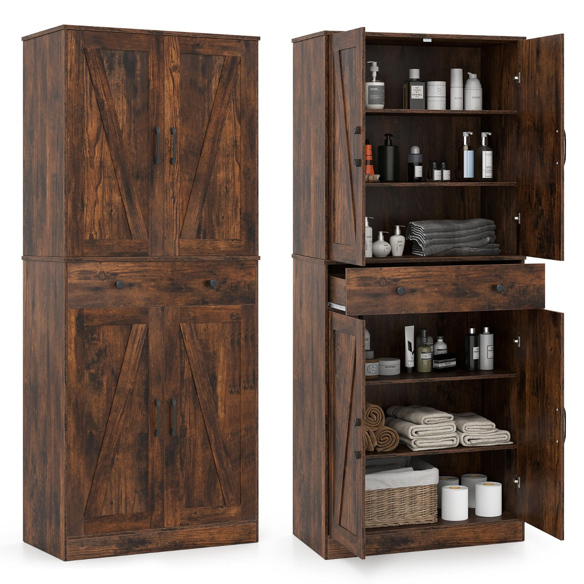 Livsk costway 183 cm hoge keukenkast in eigentijdse landelijke stijl met lades drie verstelbare planken en twee kantelbeveiligingen