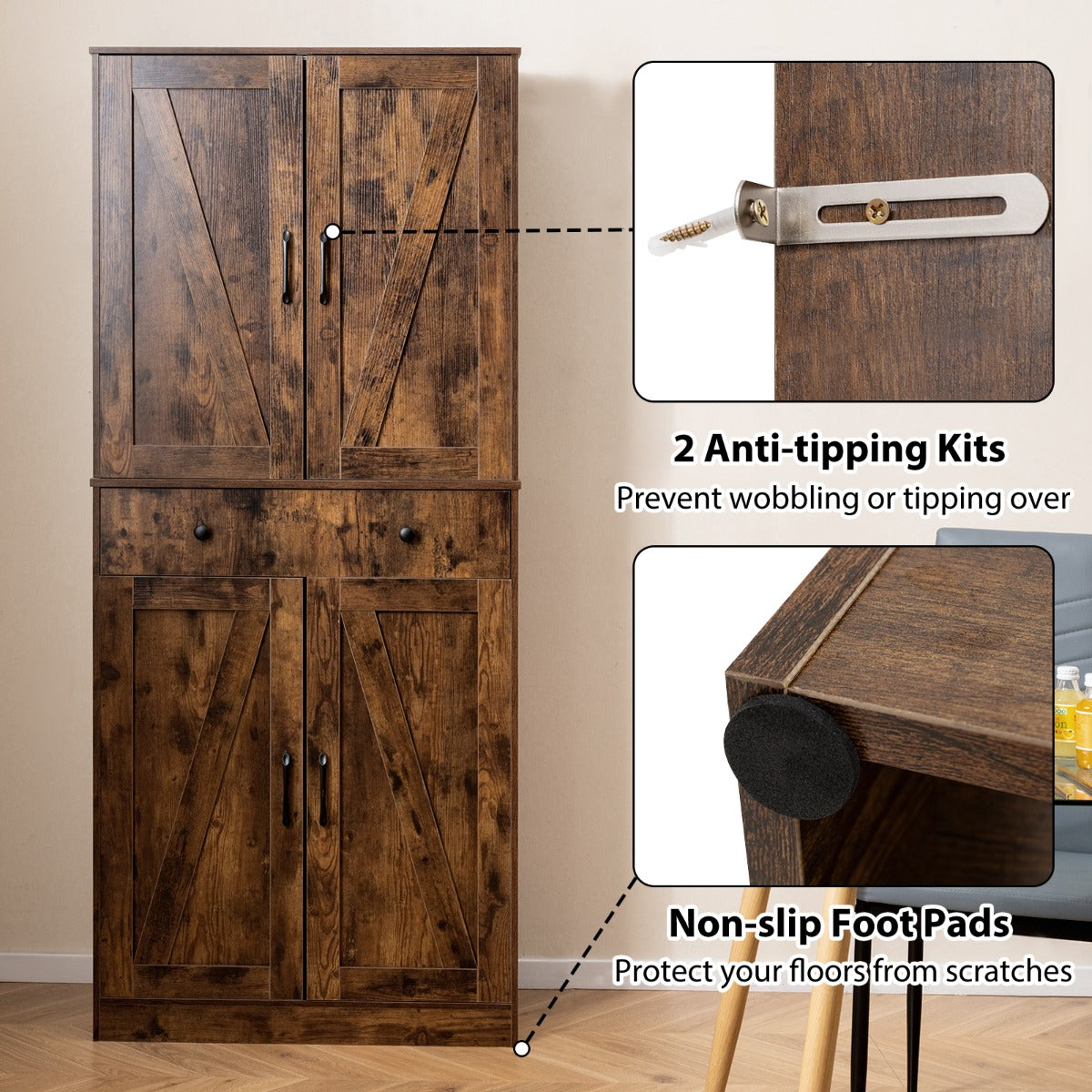 Livsk costway 183 cm hoge keukenkast in eigentijdse landelijke stijl met lades drie verstelbare planken en twee kantelbeveiligingen