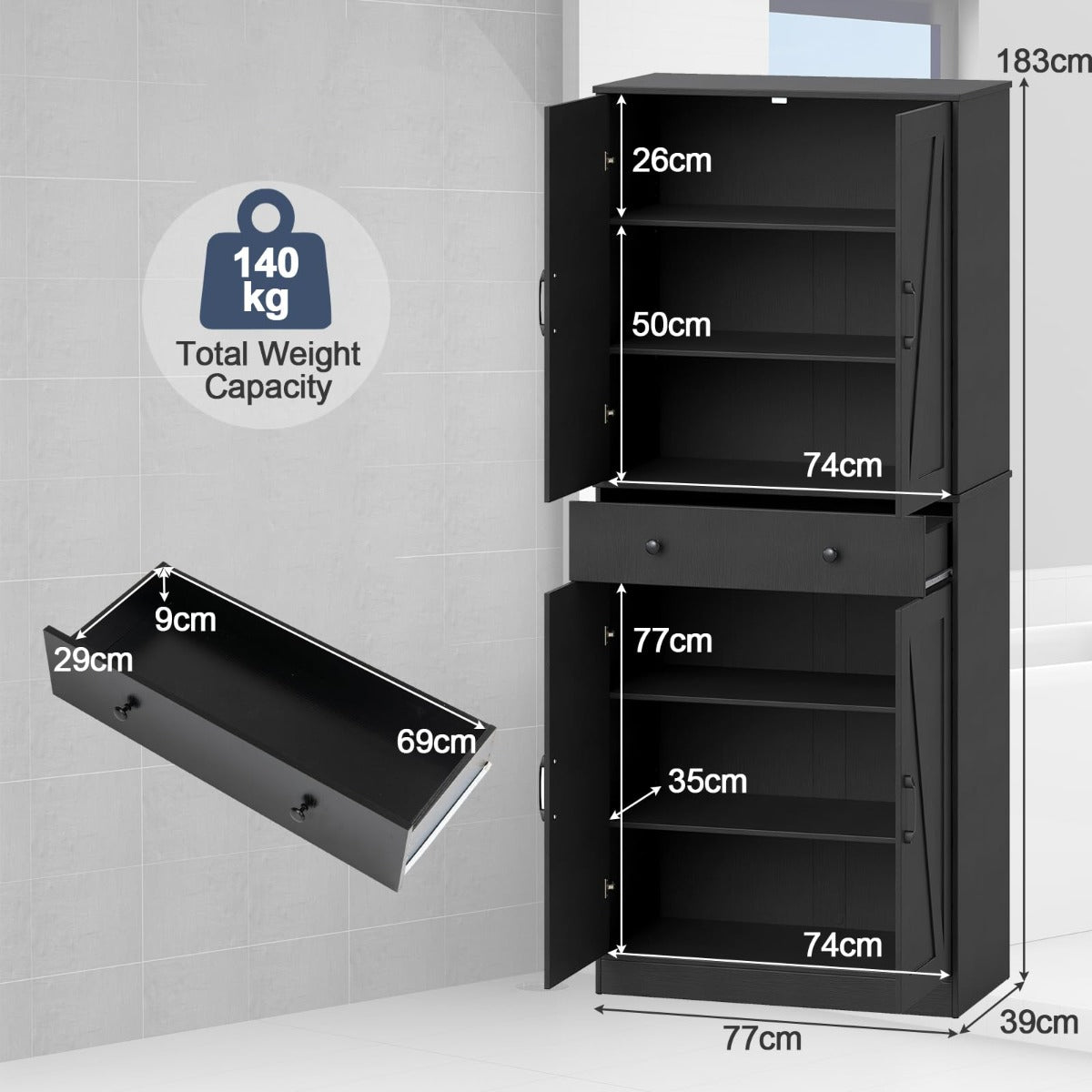Livsk costway 183 cm hoge keukenkast in eigentijdse landelijke stijl met lades drie verstelbare planken en twee kantelbeveiligingen zwart 1