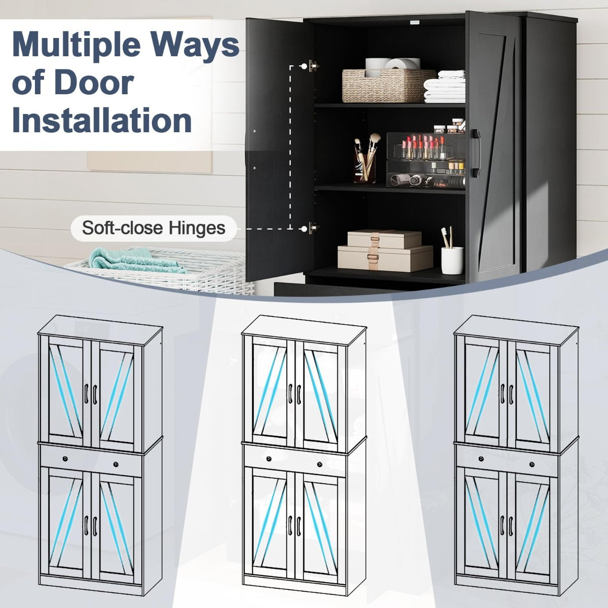 Livsk costway 183 cm hoge keukenkast in eigentijdse landelijke stijl met lades drie verstelbare planken en twee kantelbeveiligingen zwart 3