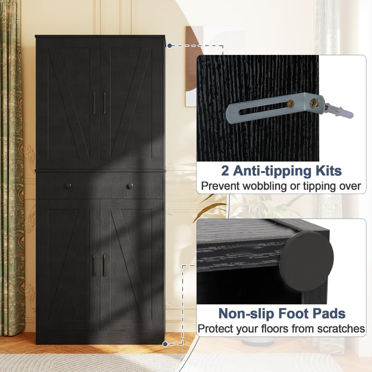 Livsk costway 183 cm hoge keukenkast in eigentijdse landelijke stijl met lades drie verstelbare planken en twee kantelbeveiligingen zwart 5