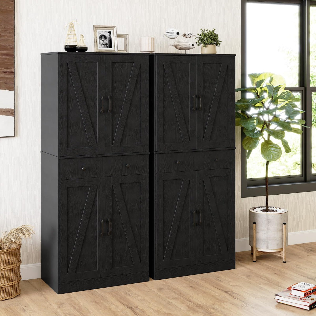 Livsk costway 183 cm hoge keukenkast in eigentijdse landelijke stijl met lades drie verstelbare planken en twee kantelbeveiligingen zwart 6