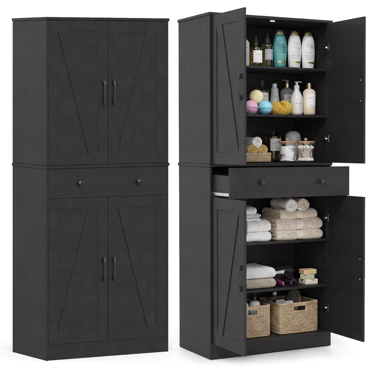 Livsk costway 183 cm hoge keukenkast in eigentijdse landelijke stijl met lades drie verstelbare planken en twee kantelbeveiligingen zwart