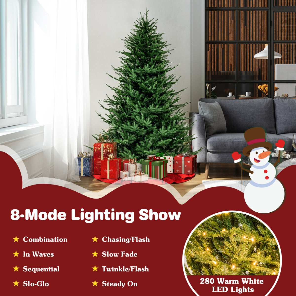 LIVSK Kunstkerstboom 183 cm - 788 Takpunten - 280 LED-lampjes - 8 Verlichtingsmodi - Eenvoudige Montage - Groen