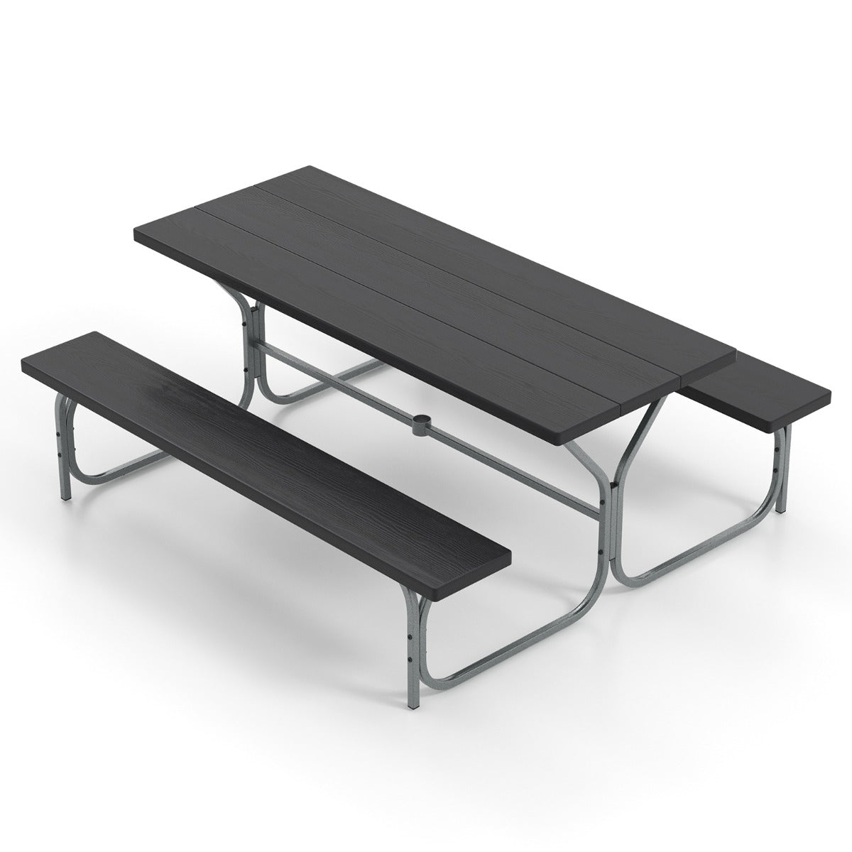 LIVSK Tuinpicknickset - Tafel en 2 Banken voor 8 Personen - Weerbestendig HDPE - Parasolgat - Zwart