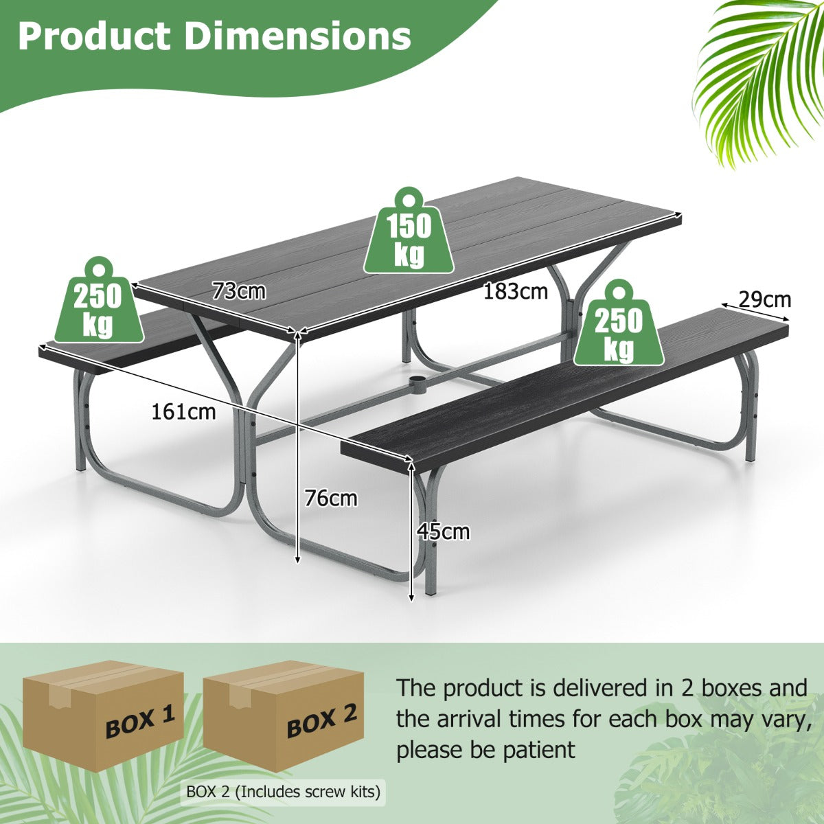 LIVSK Tuinpicknickset - Tafel en 2 Banken voor 8 Personen - Weerbestendig HDPE - Parasolgat - Zwart