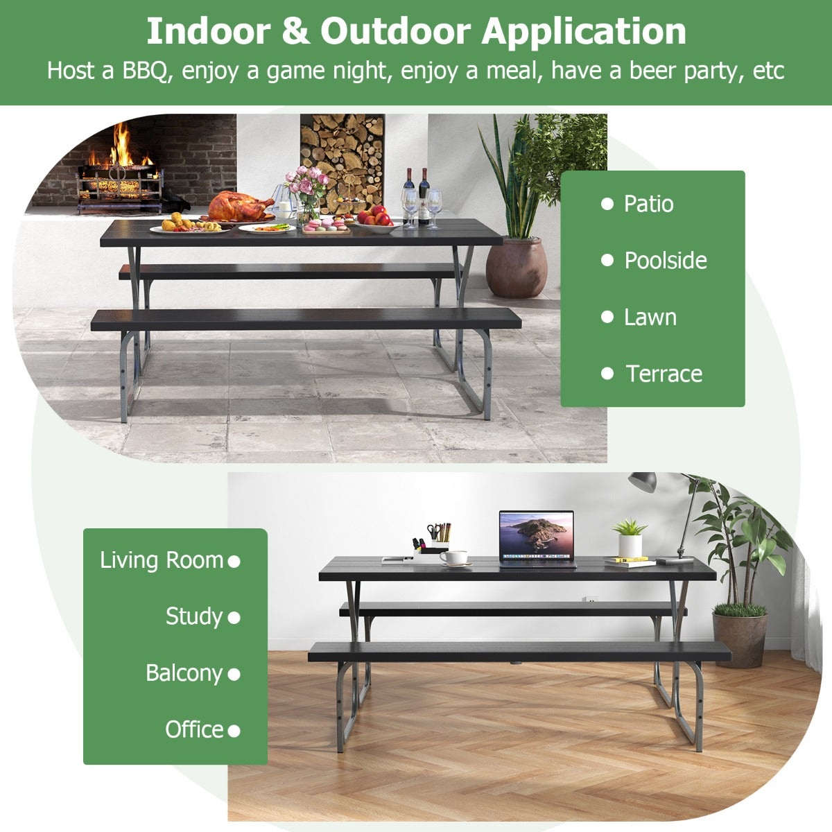 LIVSK Tuinpicknickset - Tafel en 2 Banken voor 8 Personen - Weerbestendig HDPE - Parasolgat - Zwart