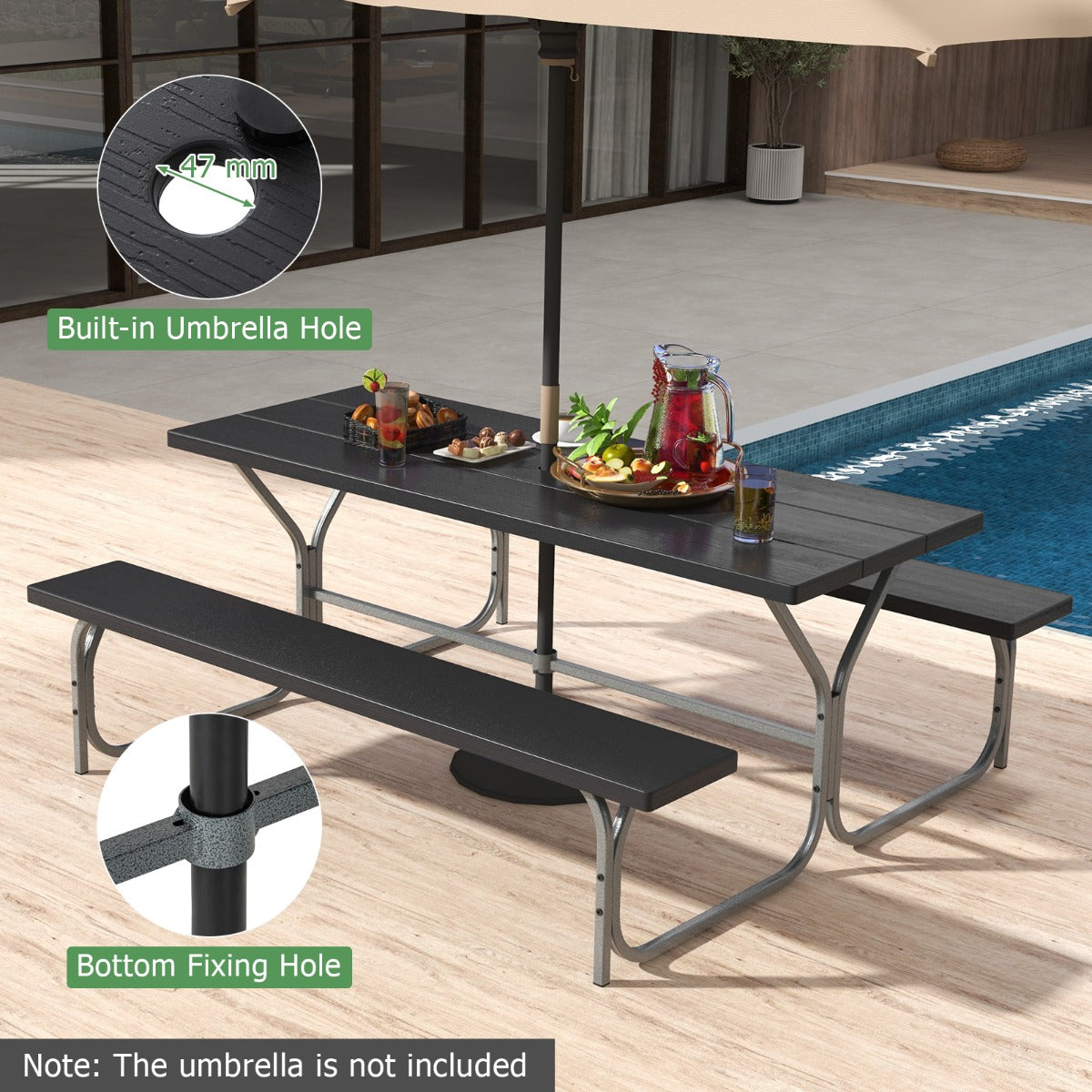 LIVSK Tuinpicknickset - Tafel en 2 Banken voor 8 Personen - Weerbestendig HDPE - Parasolgat - Zwart
