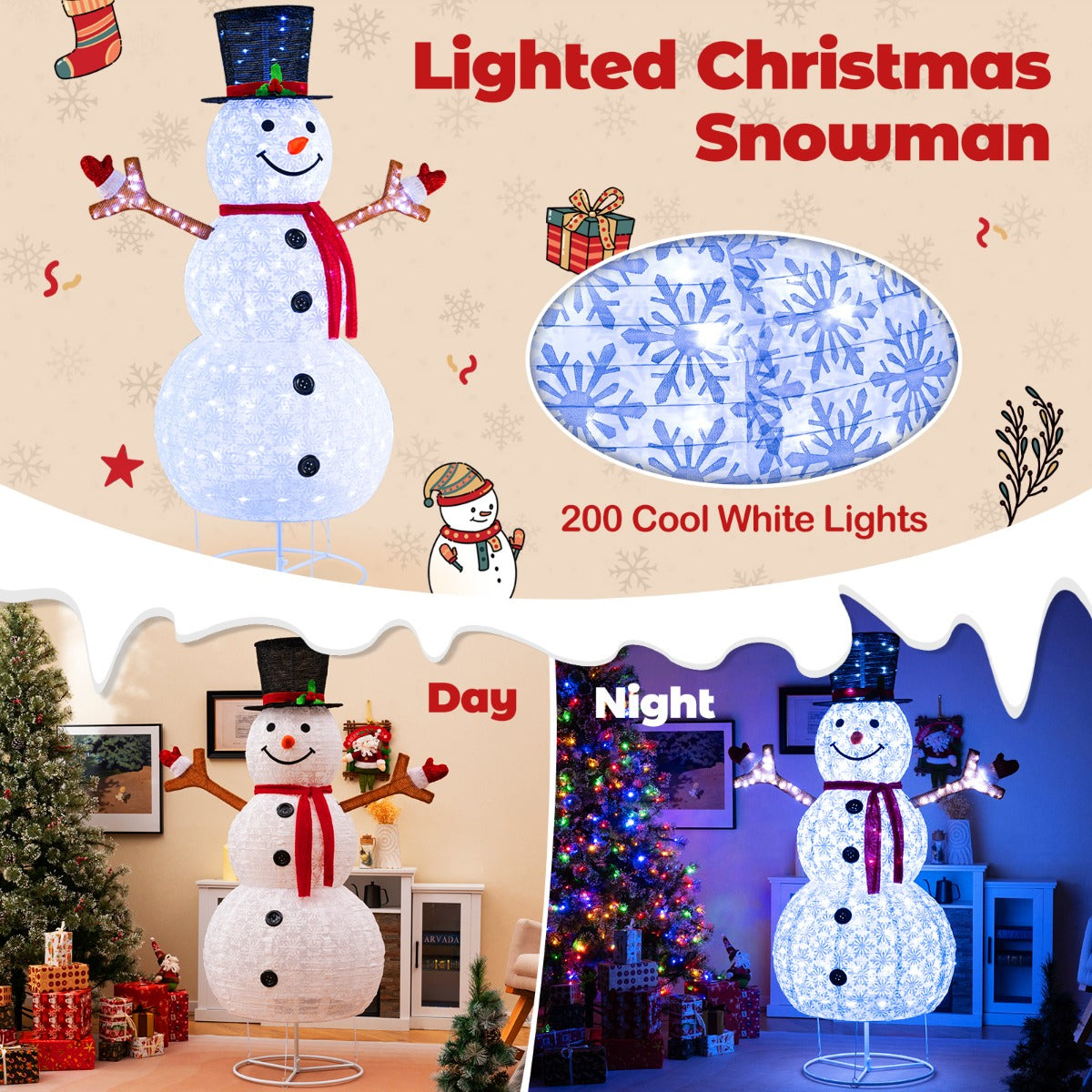 LIVSK Verlichte Kerstsneeuwpop - 200 Koele Witte Lampjes - Weerbestendig - Inclusief Grondpennen - 125 x 80 x 184 cm - Wit