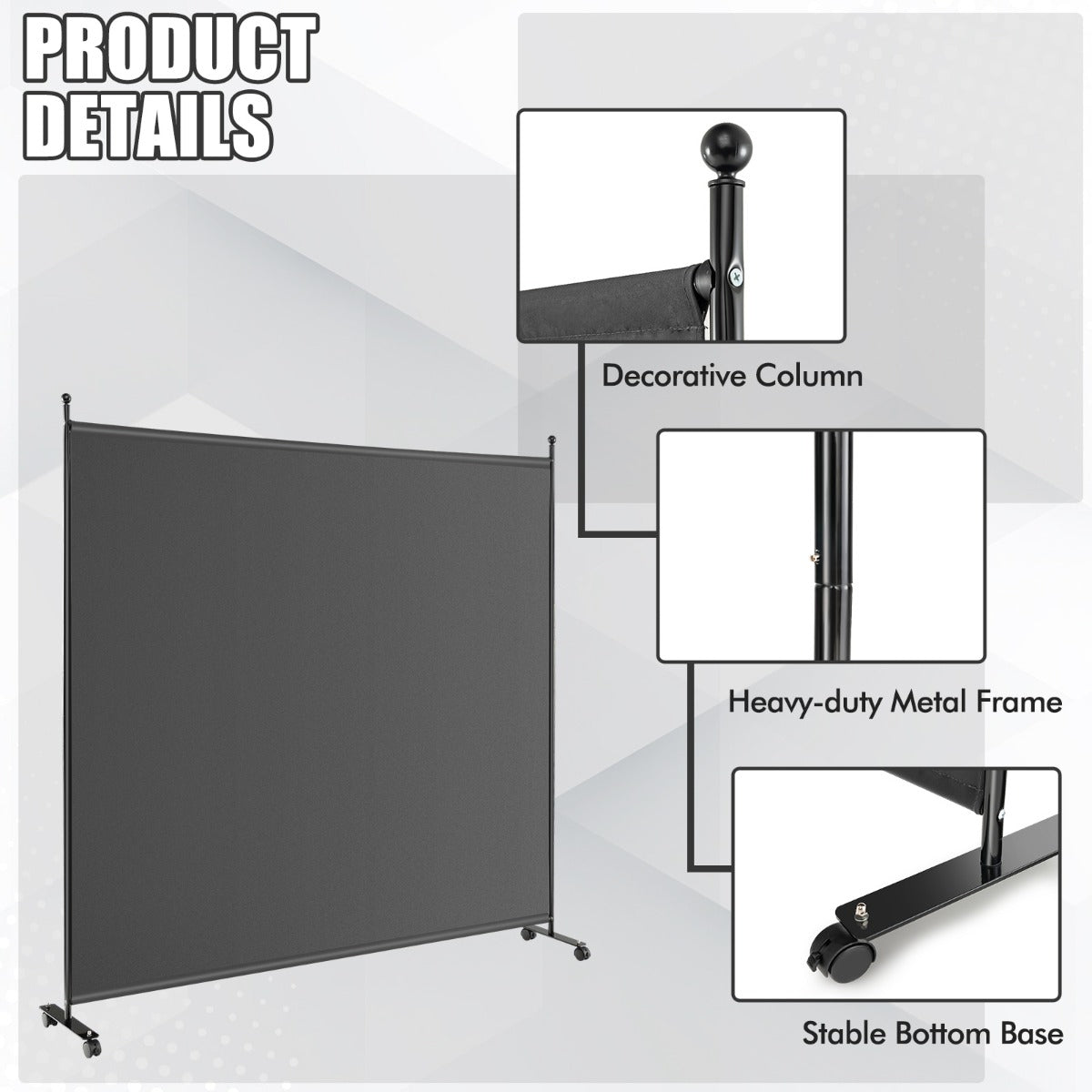 LIVSK Ruimteverdeler op Wieltjes - Opvouwbaar - Hoogwaardige Polyester - Metalen Frame - 184 x 30 x 184 cm - Grijs