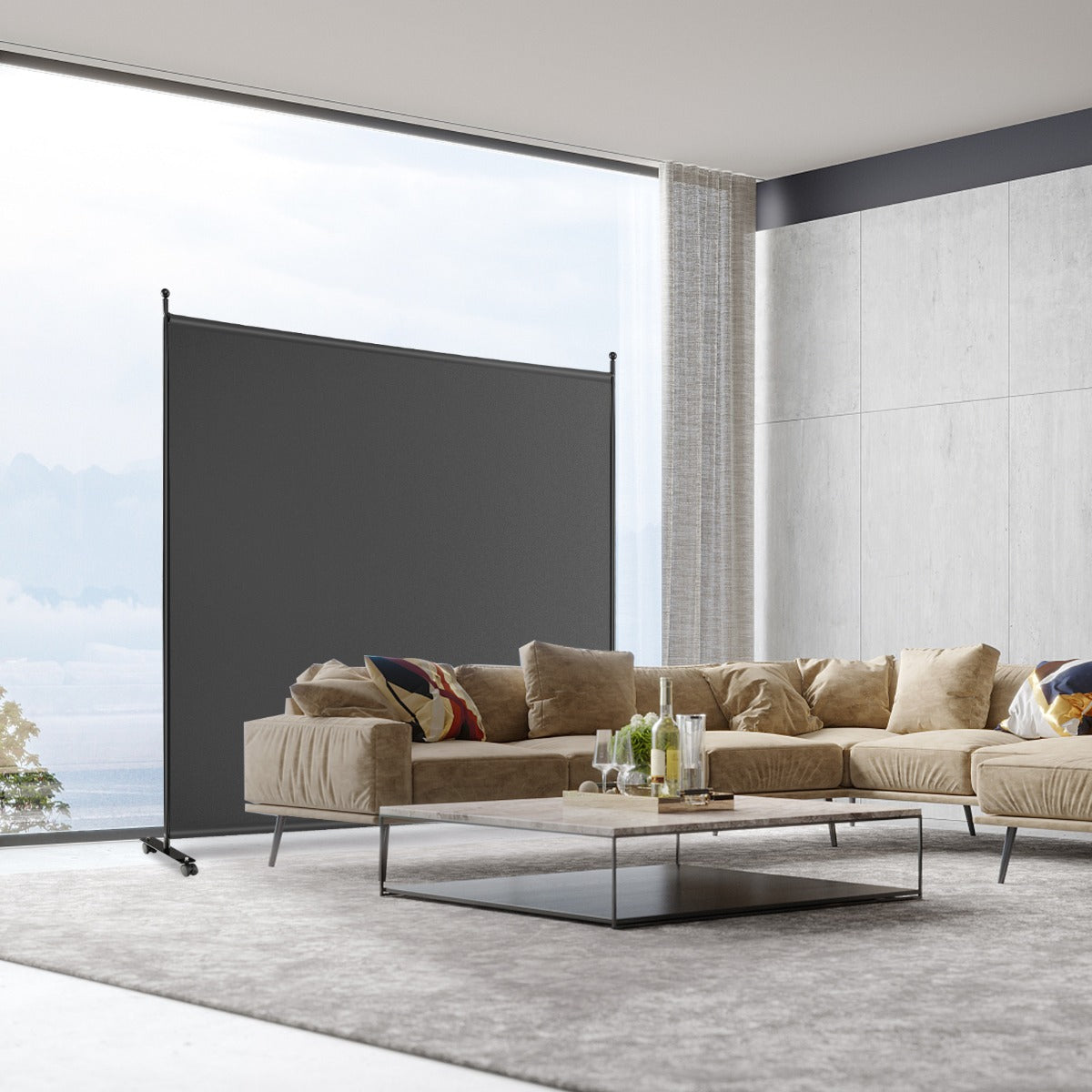 LIVSK Ruimteverdeler op Wieltjes - Opvouwbaar - Hoogwaardige Polyester - Metalen Frame - 184 x 30 x 184 cm - Grijs