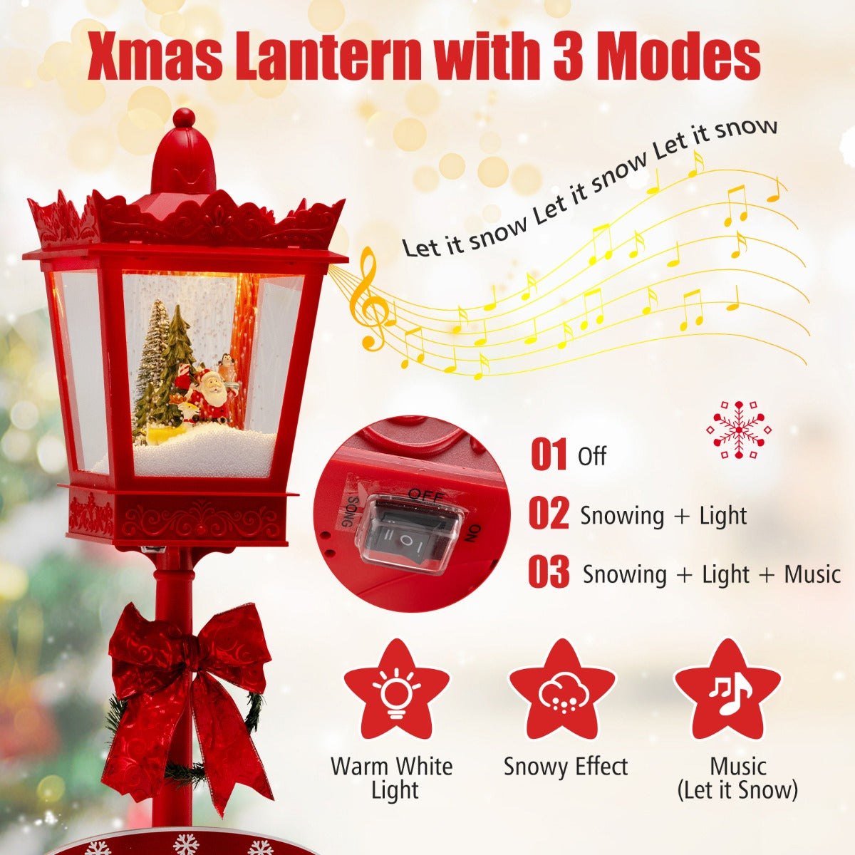 Livsk costway 185 cm hoge kerstlamp met warmwitte led verlichting en verlichte sneeuwballamp met navulbare voet 4