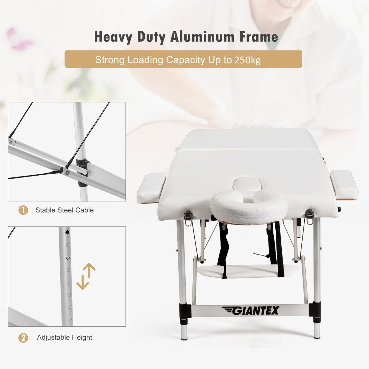 LIVSK Opvouwbare Massagetafel - 8 Verstelposities - Draagbaar en Lichtgewicht - Aluminium Frame - Tot 250 kg - Wit