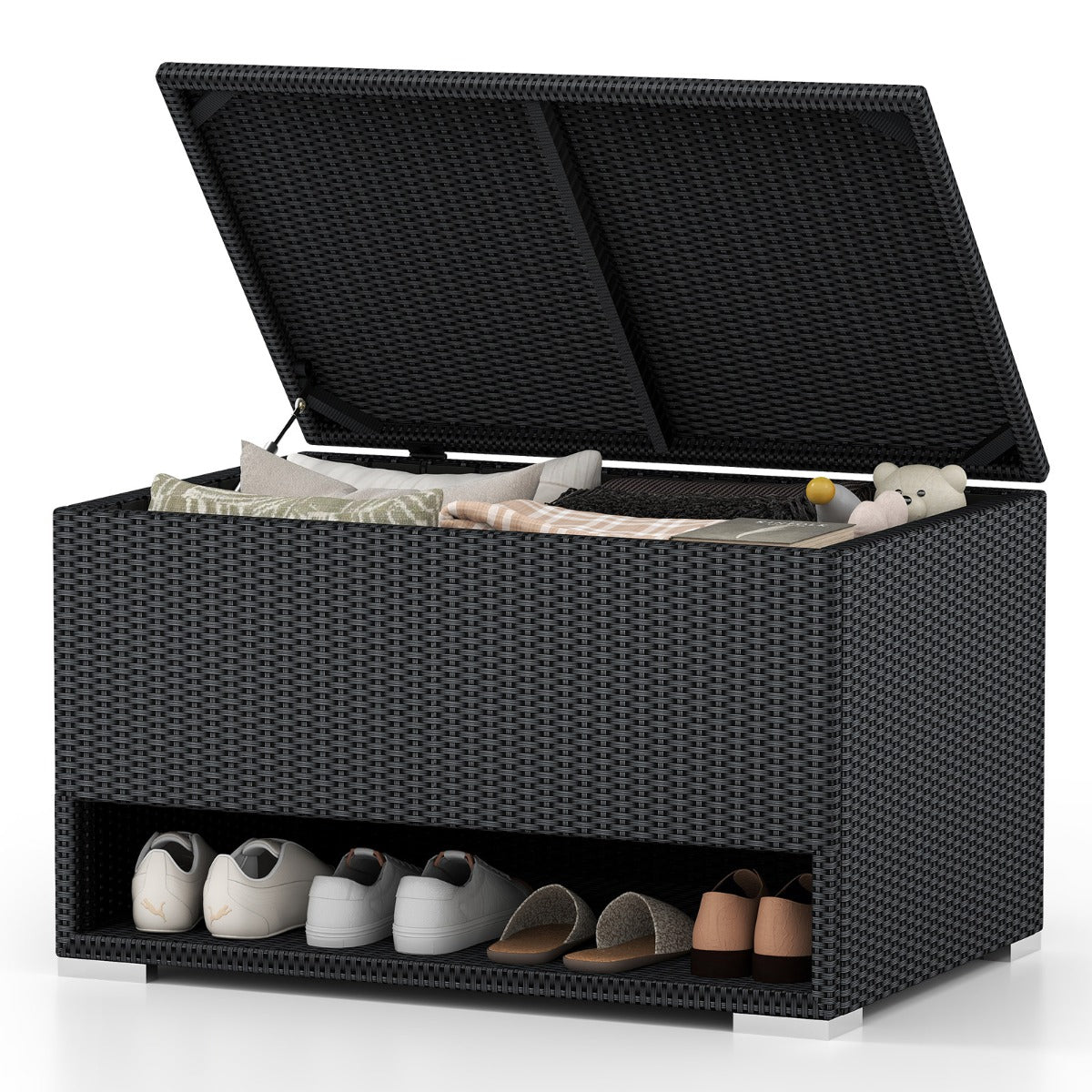 LIVSK Terrasbox met Schoenenrek - 186L Opbergruimte - Duurzaam PE-rattan - Eenvoudig te openen - Voor buiten - Zwart