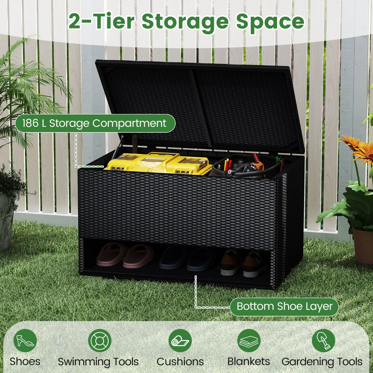 LIVSK Terrasbox met Schoenenrek - 186L Opbergruimte - Duurzaam PE-rattan - Eenvoudig te openen - Voor buiten - Zwart