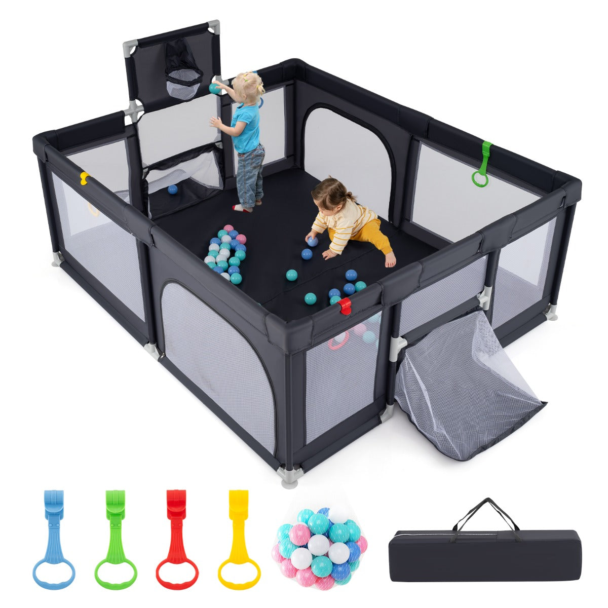 Livsk costway 188 x 157 cm babybox met basketbalring voetbaldoel peuterbox met ballen draagbaar kinderactiviteitencentrum met draagtas donkergrijs