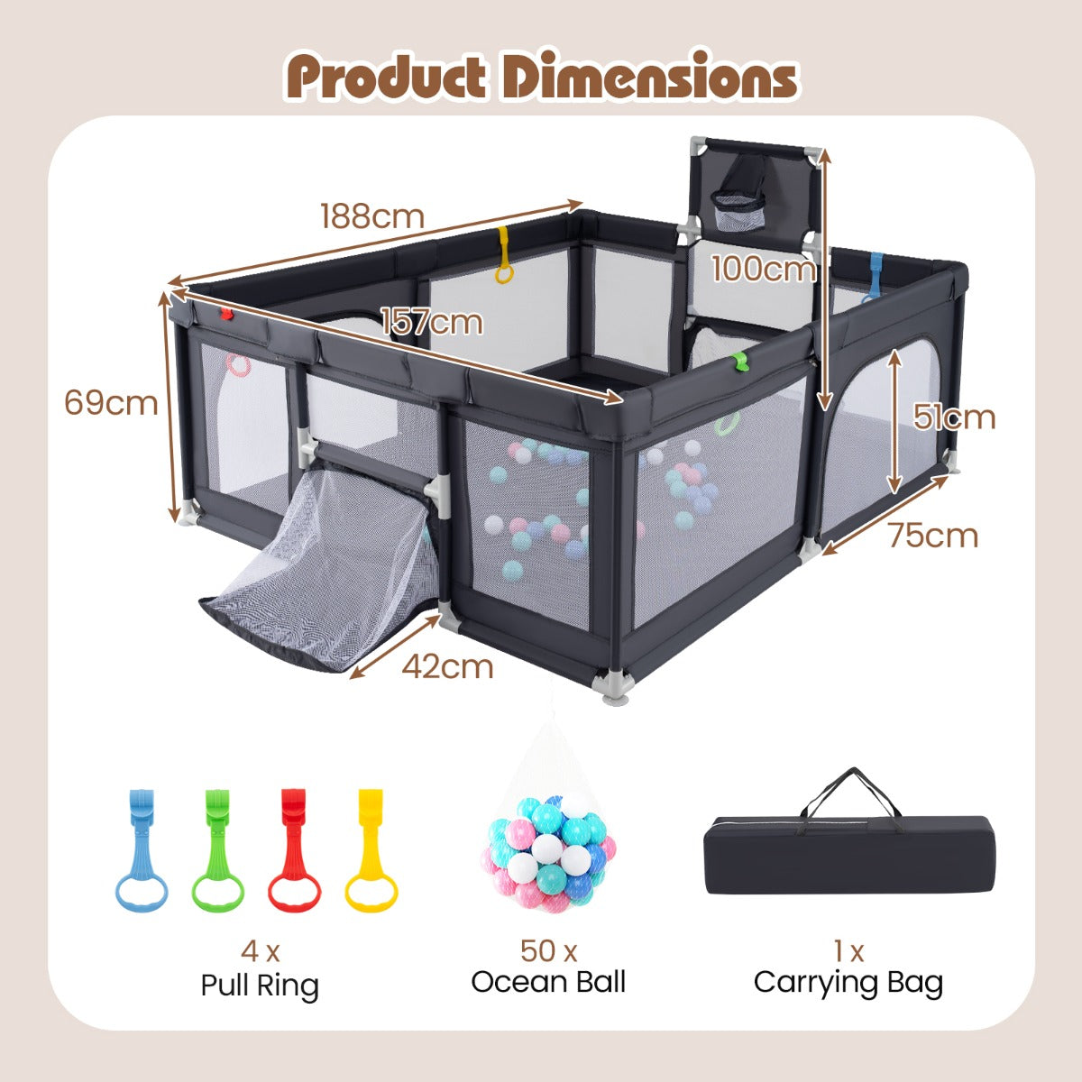 Livsk costway 188 x 157 cm babybox met basketbalring voetbaldoel peuterbox met ballen draagbaar kinderactiviteitencentrum met draagtas donkergrijs 2