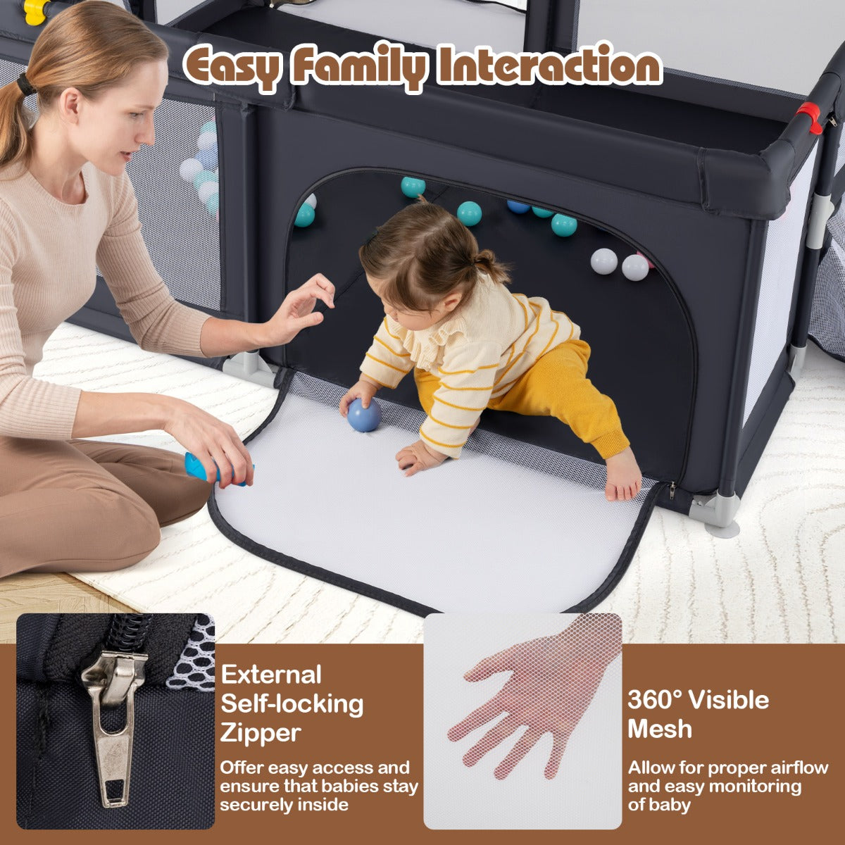 Livsk costway 188 x 157 cm babybox met basketbalring voetbaldoel peuterbox met ballen draagbaar kinderactiviteitencentrum met draagtas donkergrijs 4