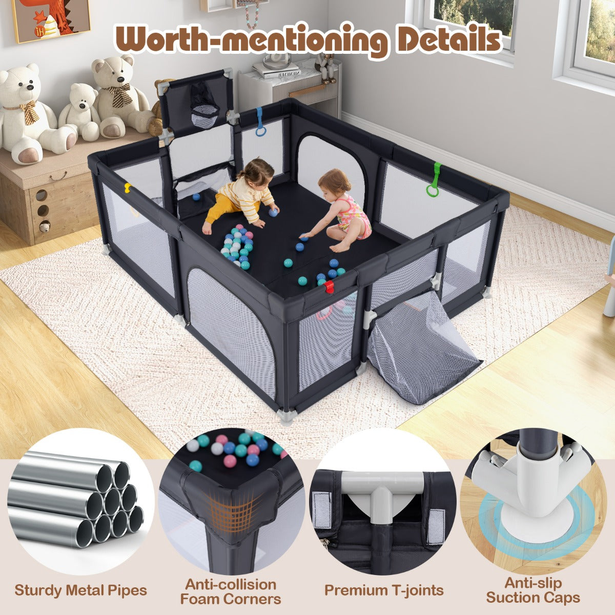 Livsk costway 188 x 157 cm babybox met basketbalring voetbaldoel peuterbox met ballen draagbaar kinderactiviteitencentrum met draagtas donkergrijs 6