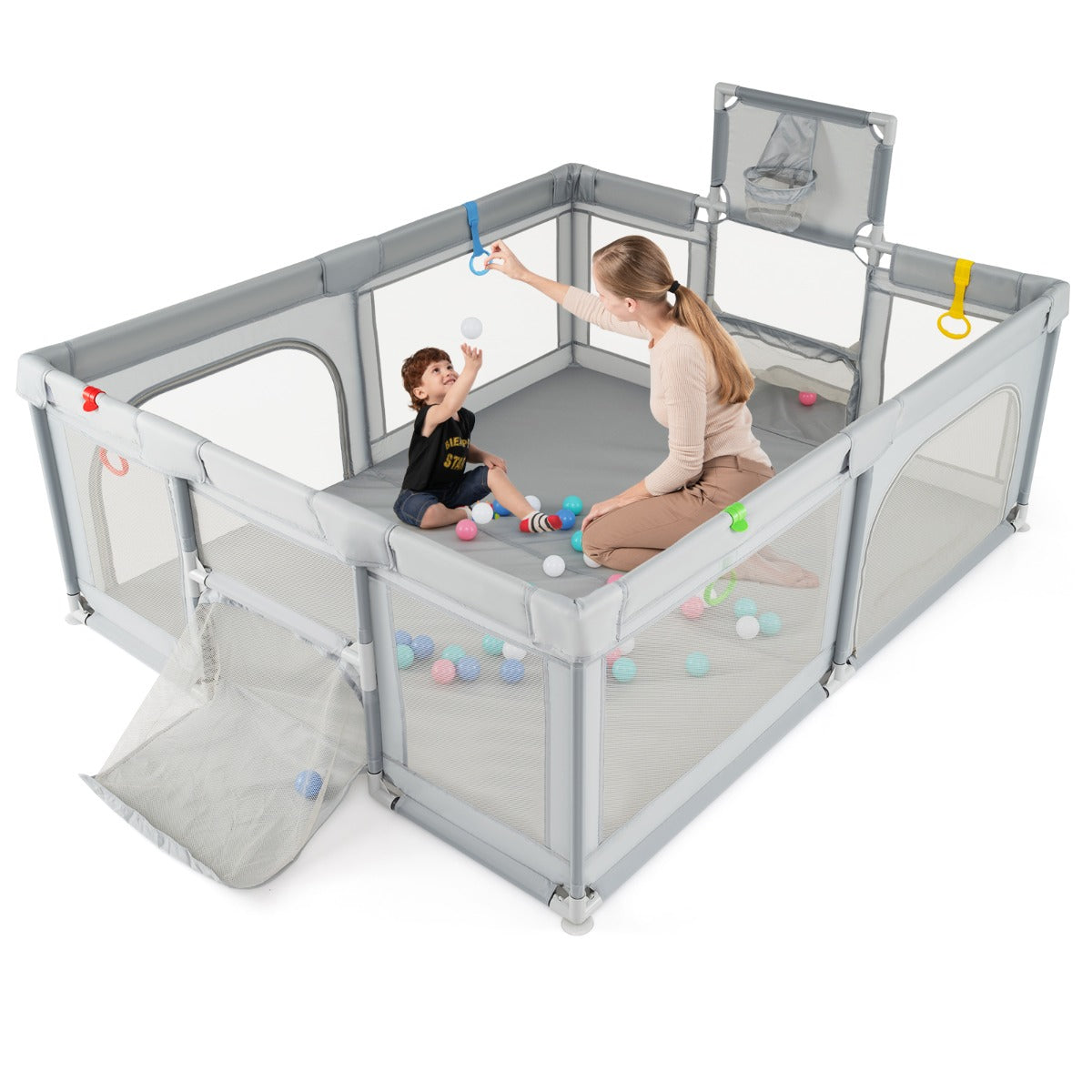 Livsk costway 188 x 157 cm babybox met basketbalring voetbaldoel peuterbox met ballen draagbaar kinderactiviteitencentrum met draagtas lichtgrijs 1 1