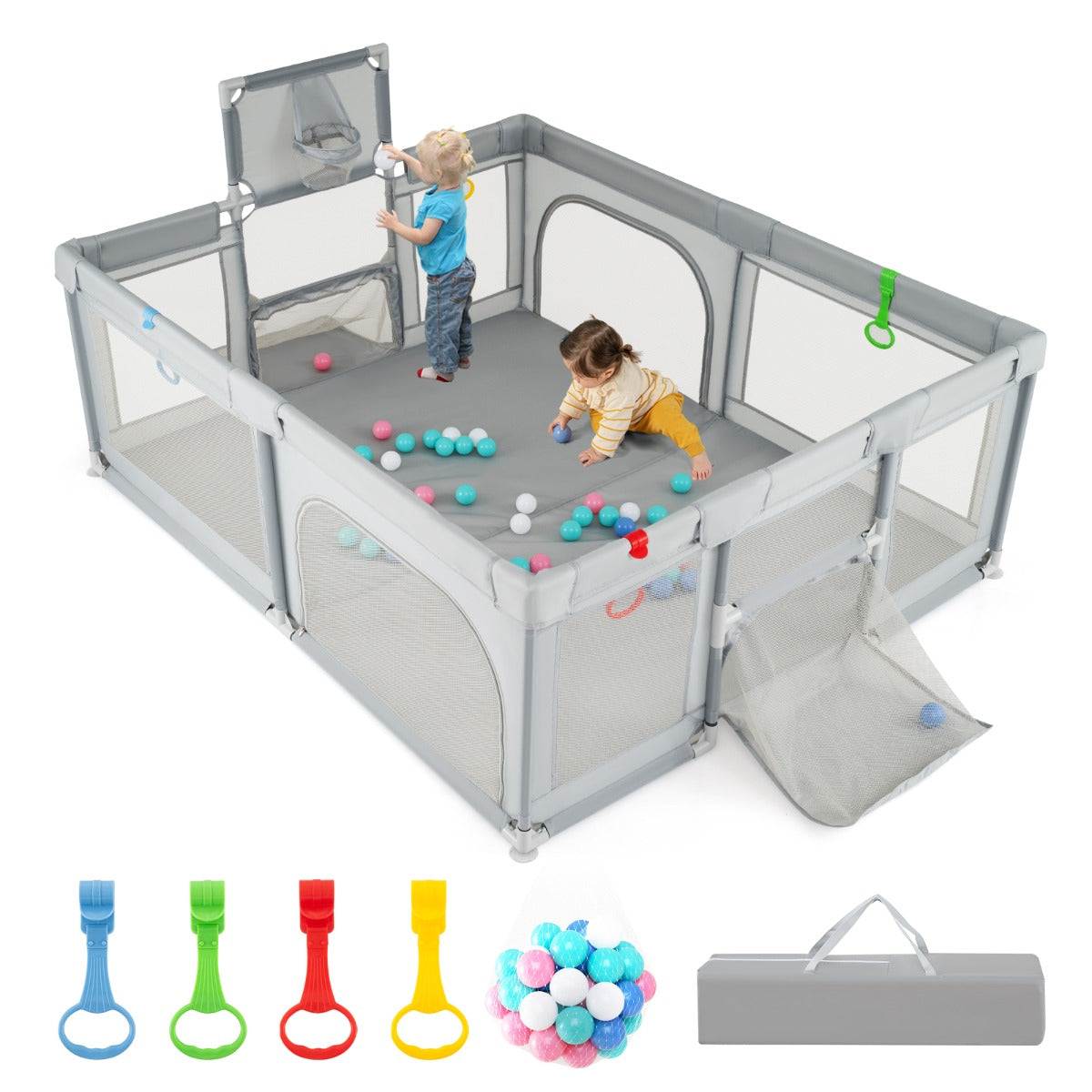 Livsk costway 188 x 157 cm babybox met basketbalring voetbaldoel peuterbox met ballen draagbaar kinderactiviteitencentrum met draagtas lichtgrijs
