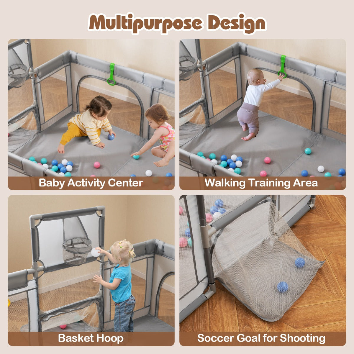 Livsk costway 188 x 157 cm babybox met basketbalring voetbaldoel peuterbox met ballen draagbaar kinderactiviteitencentrum met draagtas lichtgrijs 5