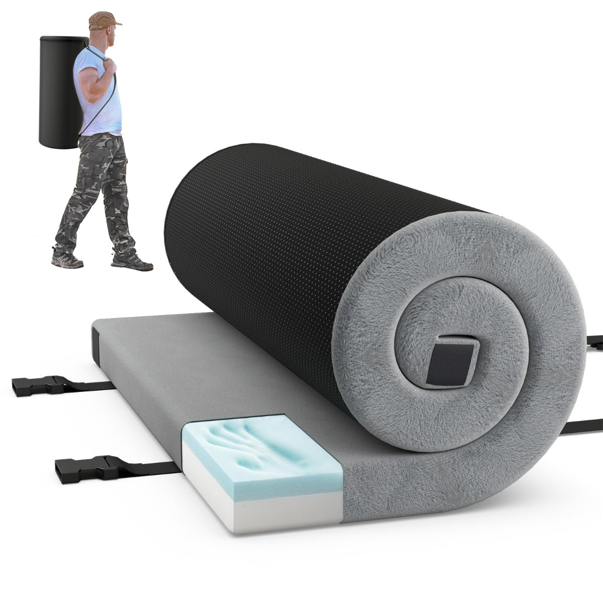 LIVSK Opvouwbaar Campingmatras - Antislip - Traagschuim en Hoge Dichtheid - Inclusief Draagtas - 188 x 78 x 6,5 cm - Grijs/Blauw