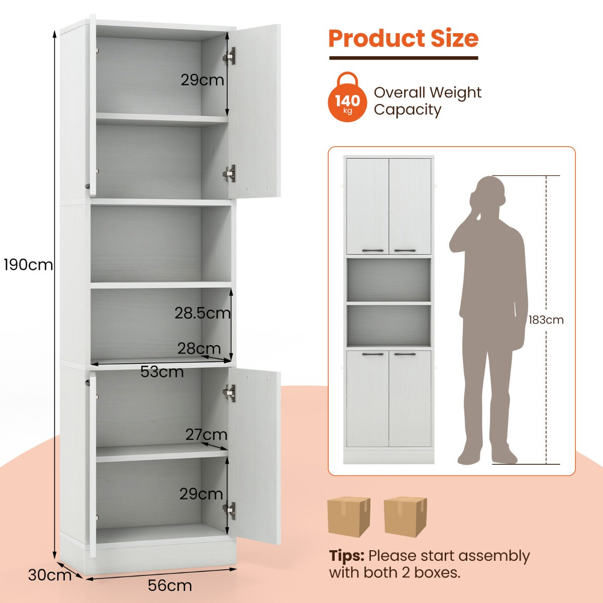 LIVSK Opbergkast met 2 Deurkasten - Stabiele Basis - Multifunctioneel - 56 x 30 x 190 cm - Wit Eiken