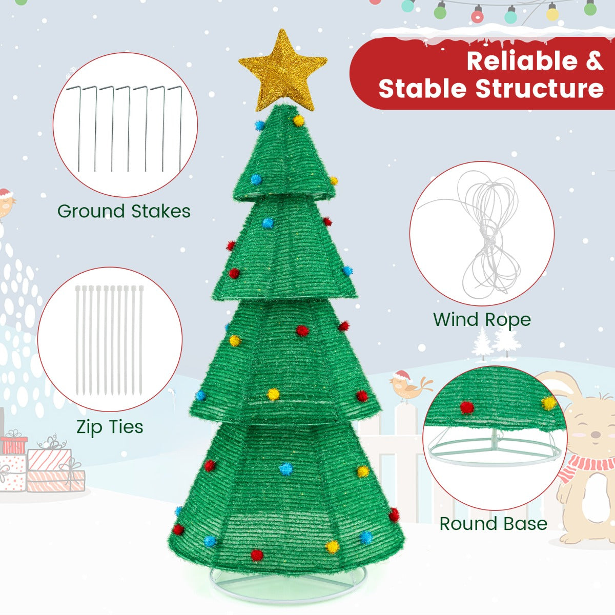 LIVSK Opvouwbare Kerstboom - 200 Warmwitte LED-lampjes - Topster en Bontballen - Weerbestendig - Stabiel - 80 x 80 x 190 cm -