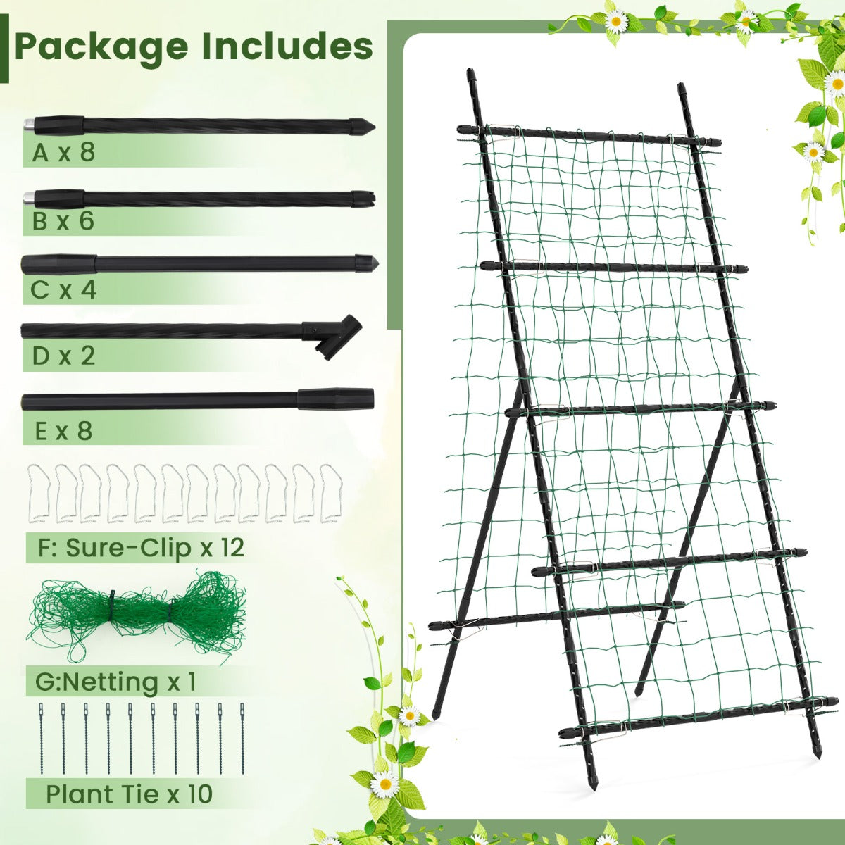 Livsk costway 190 cm tuinrek voor klimplanten komkommer klimhulp verticale plantensteun met net a vormige plantenklimrek voor bloemen fruit 3