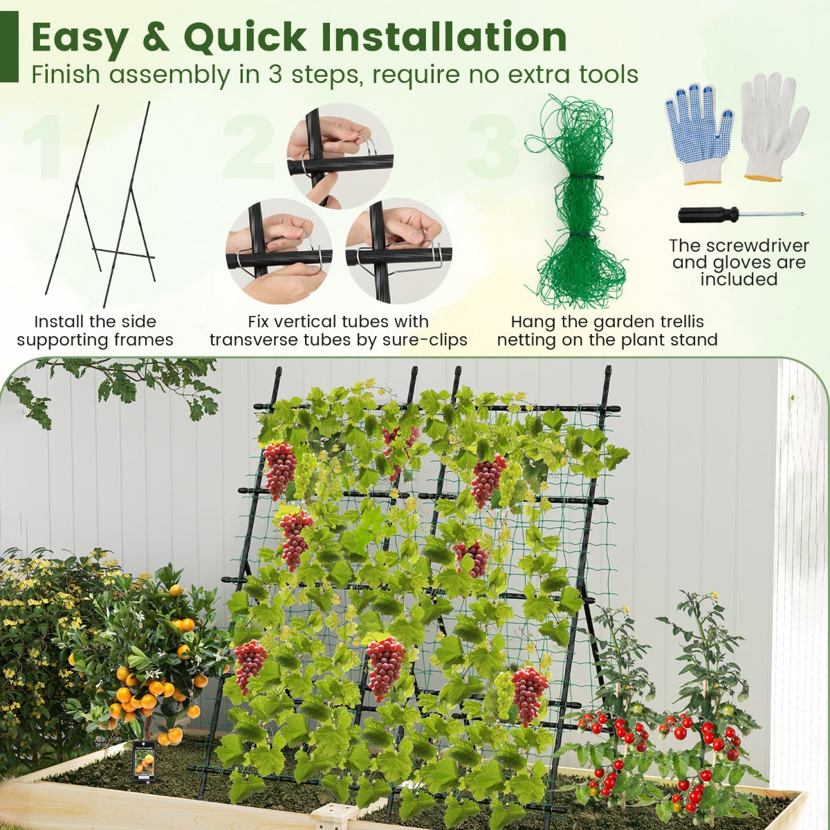 Livsk costway 190 cm tuinrek voor klimplanten komkommer klimhulp verticale plantensteun met net a vormige plantenklimrek voor bloemen fruit 5